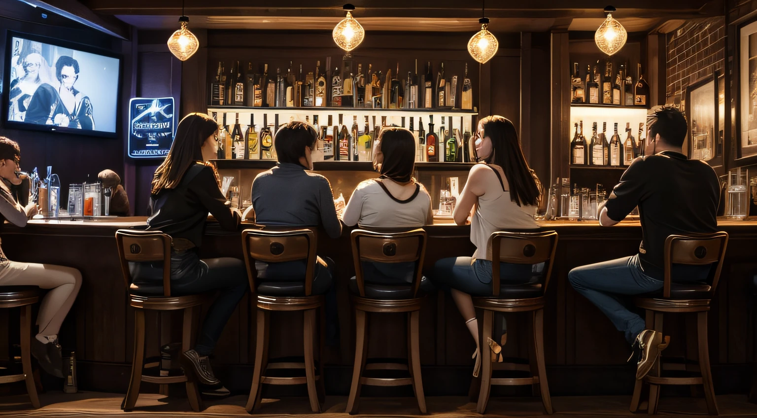 A GROUP OF BEAUTIFUL FRIENDS CHATTING LIVELY IN A BAR, wearing casual clothes, portrait, full body. dramatic, dramatic, cinematic, detailed - 16:9 air, extremely detailed 8k wallpaper