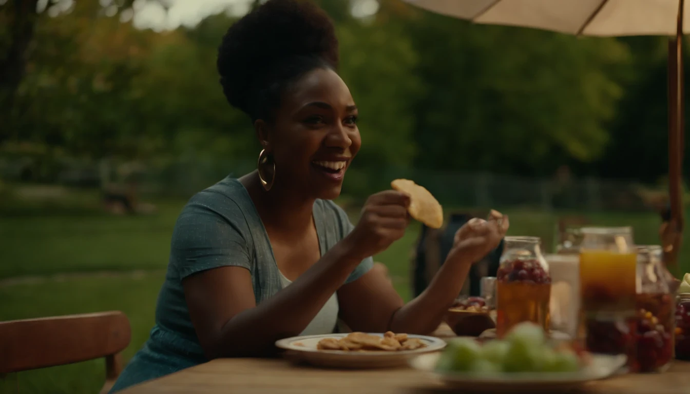 black woman brings out a plate of snacks to the backyard picnic table, with a medium shot focused on her interaction and reactions, in soft warm light.