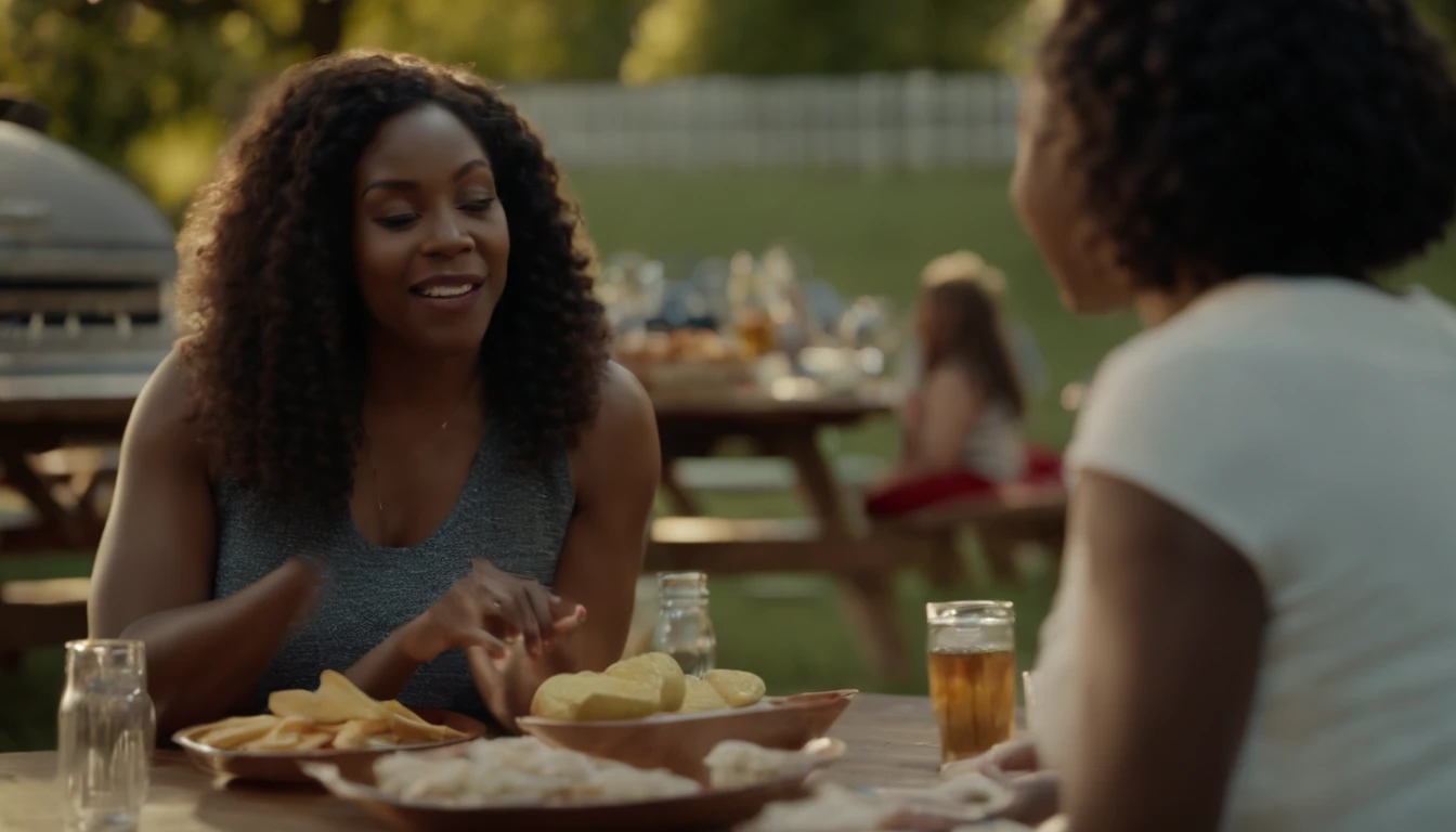 black woman brings out a plate of snacks to the backyard picnic table, with a medium shot focused on her interaction and reactions, in soft warm light.