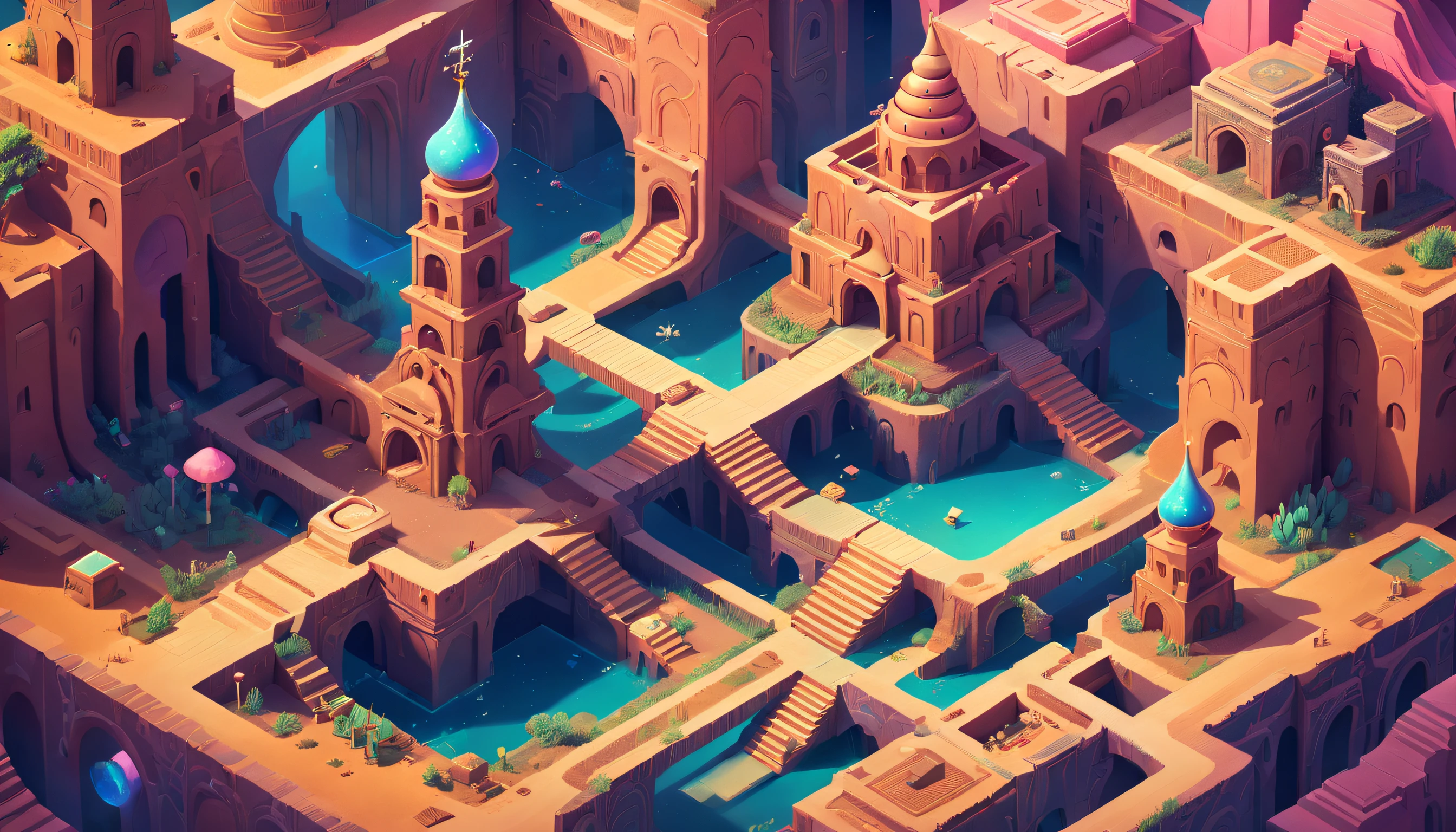 The princess searches for lost ancient treasures in Monument Valley，Monument Valley is a futuristic castle in the medieval style，There are a lot of stairs and mechanisms inside，Intricate staircase，Sparkling treasure，Monument Valley built with blocks，Pink space，Dreamy colors，absurderes，It's ridiculous，ultra-realistic realism，tmasterpiece，high qulity，UHD resolution，16k，realisticlying，Very realistic，Epic fairy tale fantasy，Epic futuristic fantasy，Epic surrealism，Monument Valley style, isometric game art, detailed game art illustration, Isometric art, Isometric 3D game art, Neon ancient ruins, incredible isometric screenshot, Art Station Geometry, Detailed game art, isometric voxel art, beeple daily art,16k detailed digital art