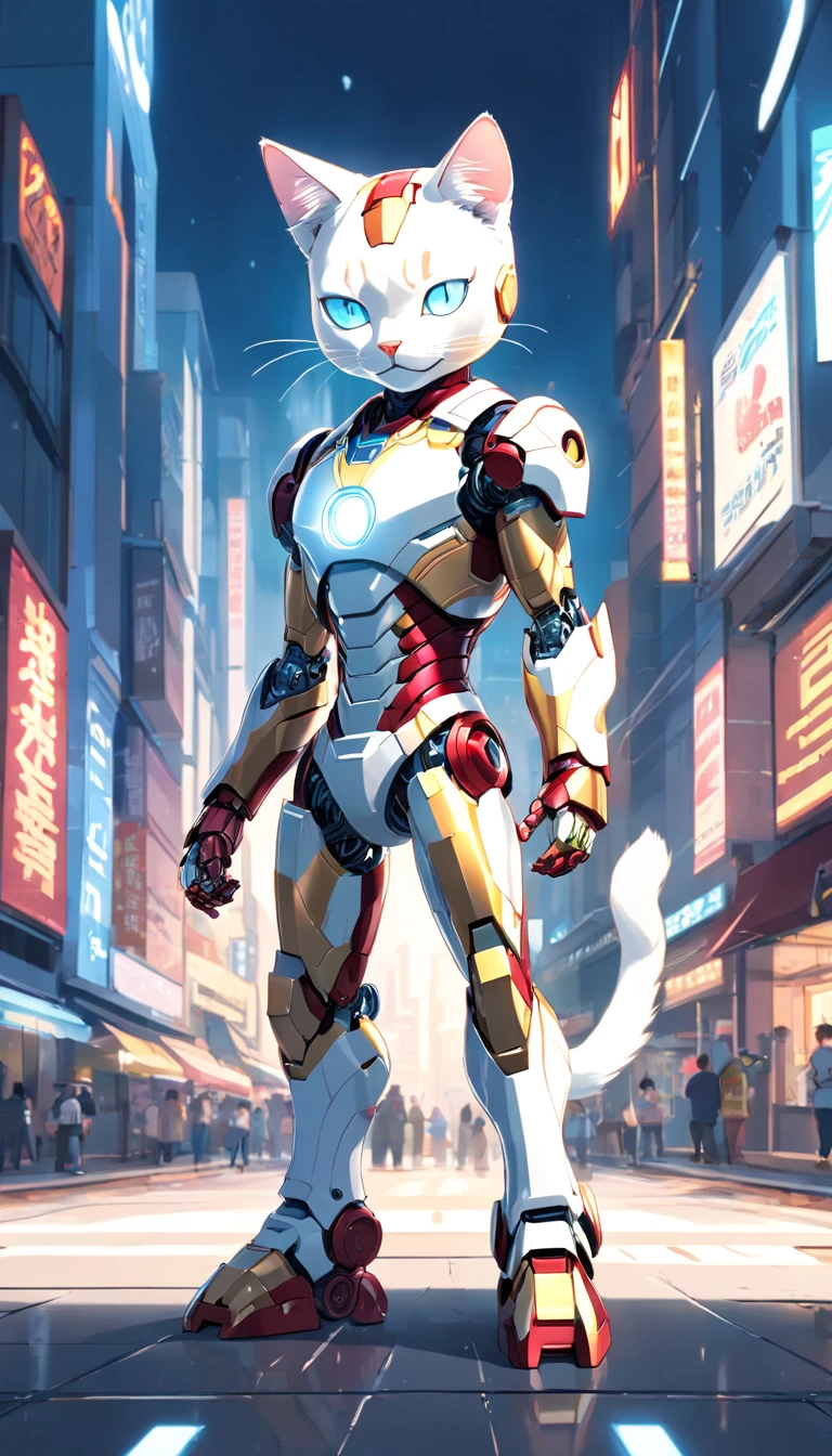 (robotic cat inspired iron man, white color: 1.3), (blind box toy style:1.3), (full body shot), a cute transparent robot cat, Transparent Mech, Exquisite Helmet cat :1.2, Glasses:1.2, Cyberpunk, dreamy glow , bright neon lights, clean, white background, (global illumination, ray traching, HDR, unrealistic render, reasonable design, high detail, master part, best quality, hyper HD, cinematic lighting)