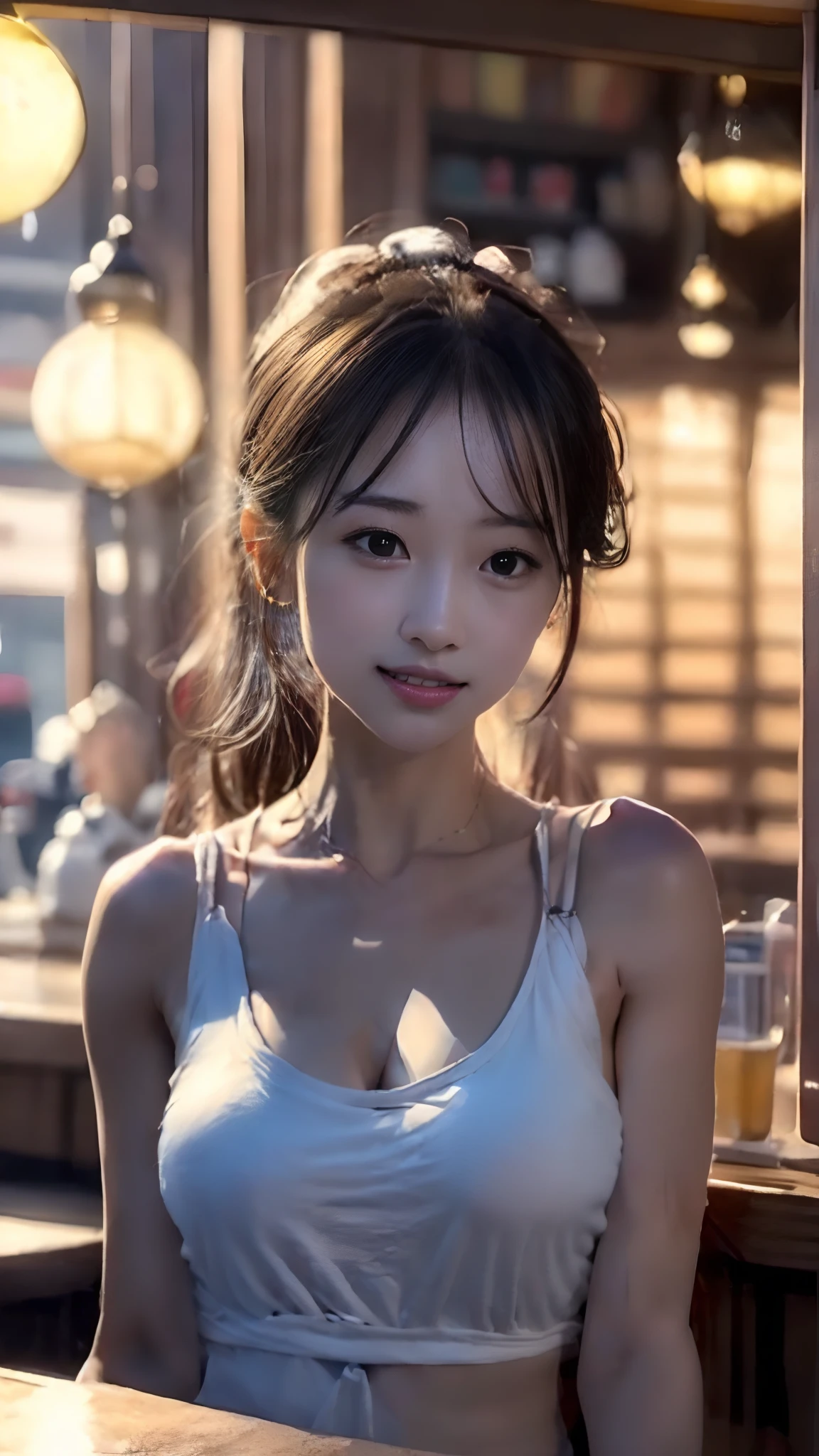 ((Bar scenery)),Facing each other over the counter,Woman in tank top,Wear a baggy tank top,(Toast with a small glass),cleavage of the breast,big brest,white tank tops,Seductive smile,Red cheeks,Cute face,Drunk,big brest,slenderbody,top-quality,masterpiece,Vivid as a photo,Realistic,Photorealistic,Ultra-high delicate,Ray tracing