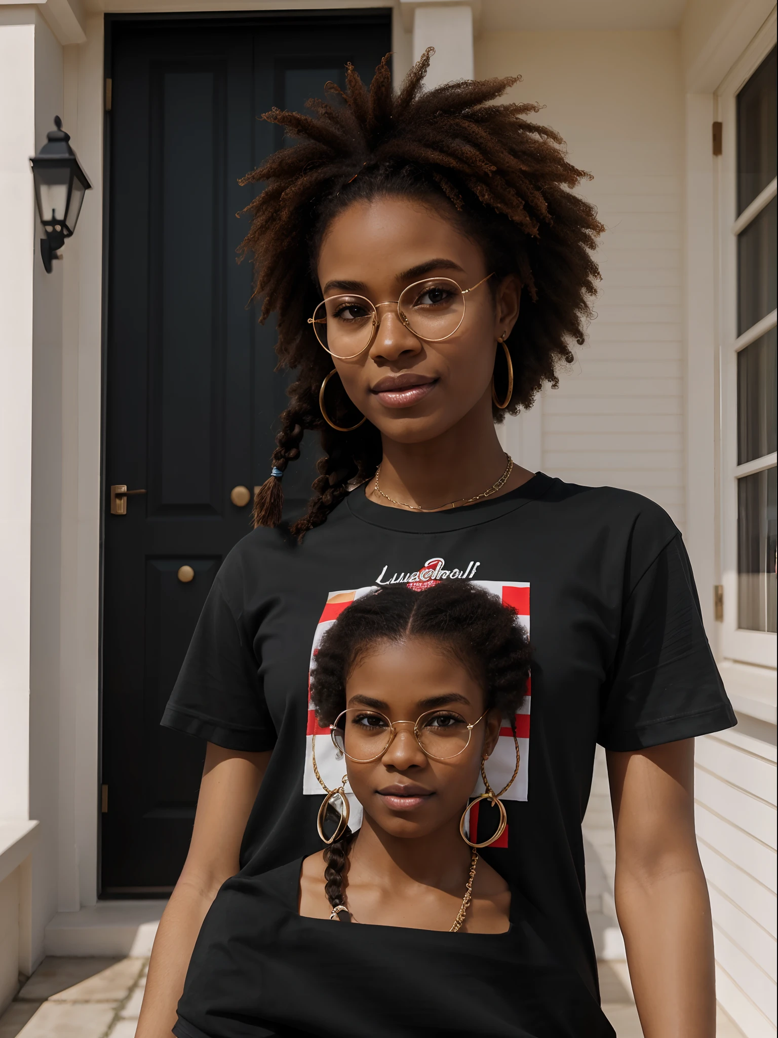 corps entier , beau visage, long, braided hair,Warm light and clear complexion, Afro-American, Detailed, ultra quality, poitrine claire, T-shirt noir XXL mini-jupe moulante debout devant sa maison avec lunettes aux yeux