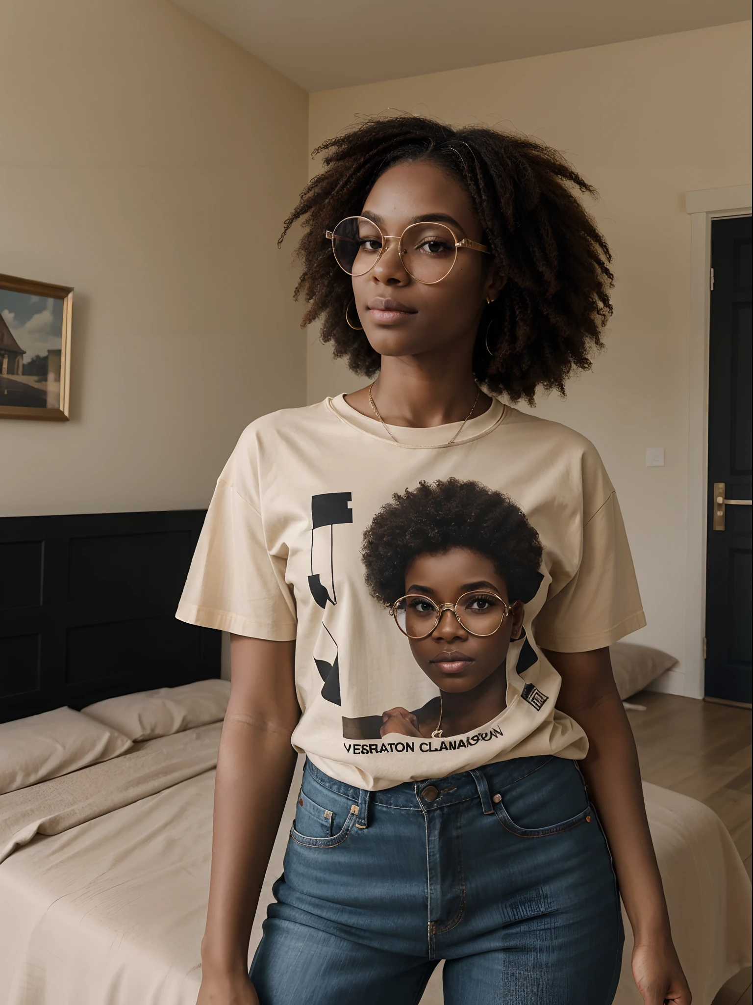 corps entier , beau visage, long, braided hair,Warm light and clear complexion, Afro-American, Detailed, ultra quality, poitrine claire, T-shirt noir XXL mini-jupe moulante debout devant sa maison avec lunettes aux yeux