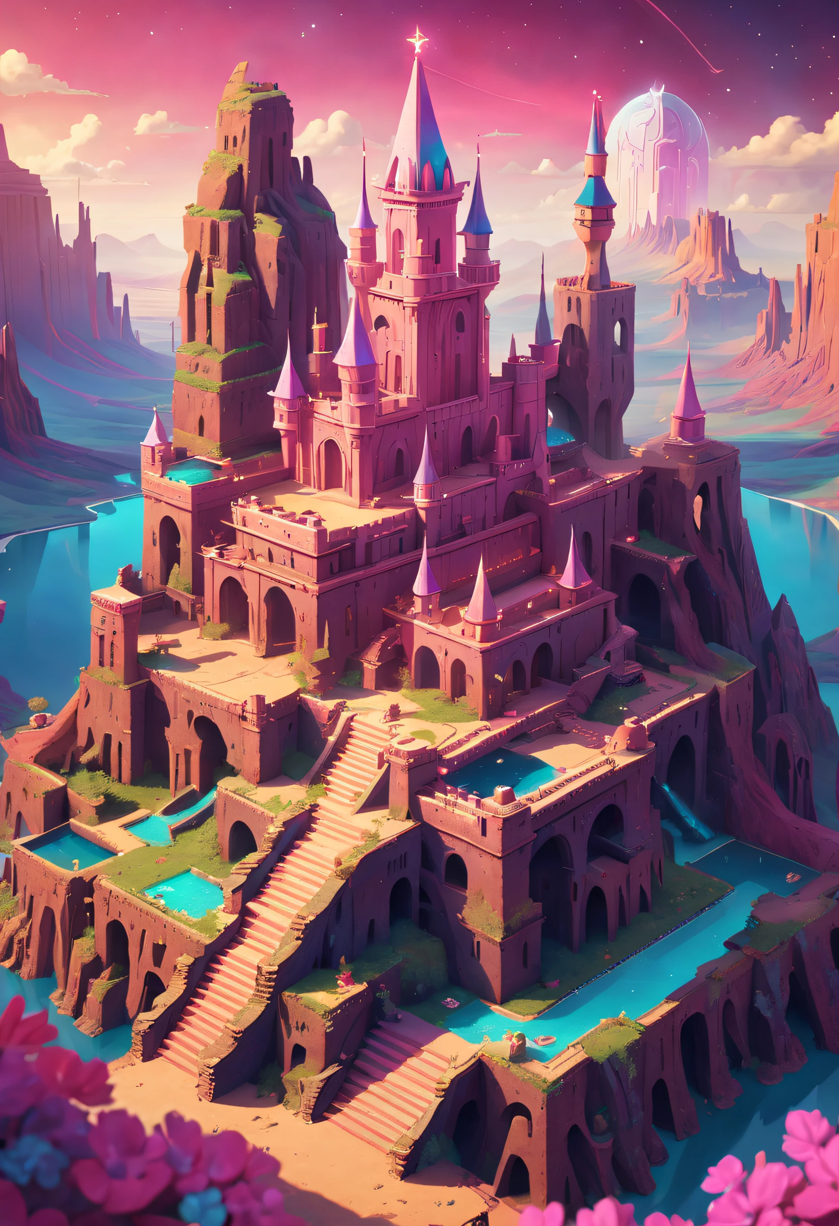 The princess searches a mysterious space for a lost ancient treasure,Mystic Space is a futuristic castle in medieval style,There are a lot of stairs and mechanisms inside,Intricate staircase,Sparkling treasure,A castle built with blocks,Pink space,Dreamy colors,absurderes,It's ridiculous,ultra-realistic realism,tmasterpiece,high qulity,UHD resolution,16k,realisticlying,Very realistic,Epic fairy tale fantasy,Epic futuristic fantasy,Epic surrealism,Monument Valley style, isometric game art, detailed game art illustration, Isometric art, isometric 2 d game art, Neon ancient ruins, incredible isometric screenshot, Art Station Geometry, Detailed game art, isometric voxel art, beeple daily art, 4K detailed digital art