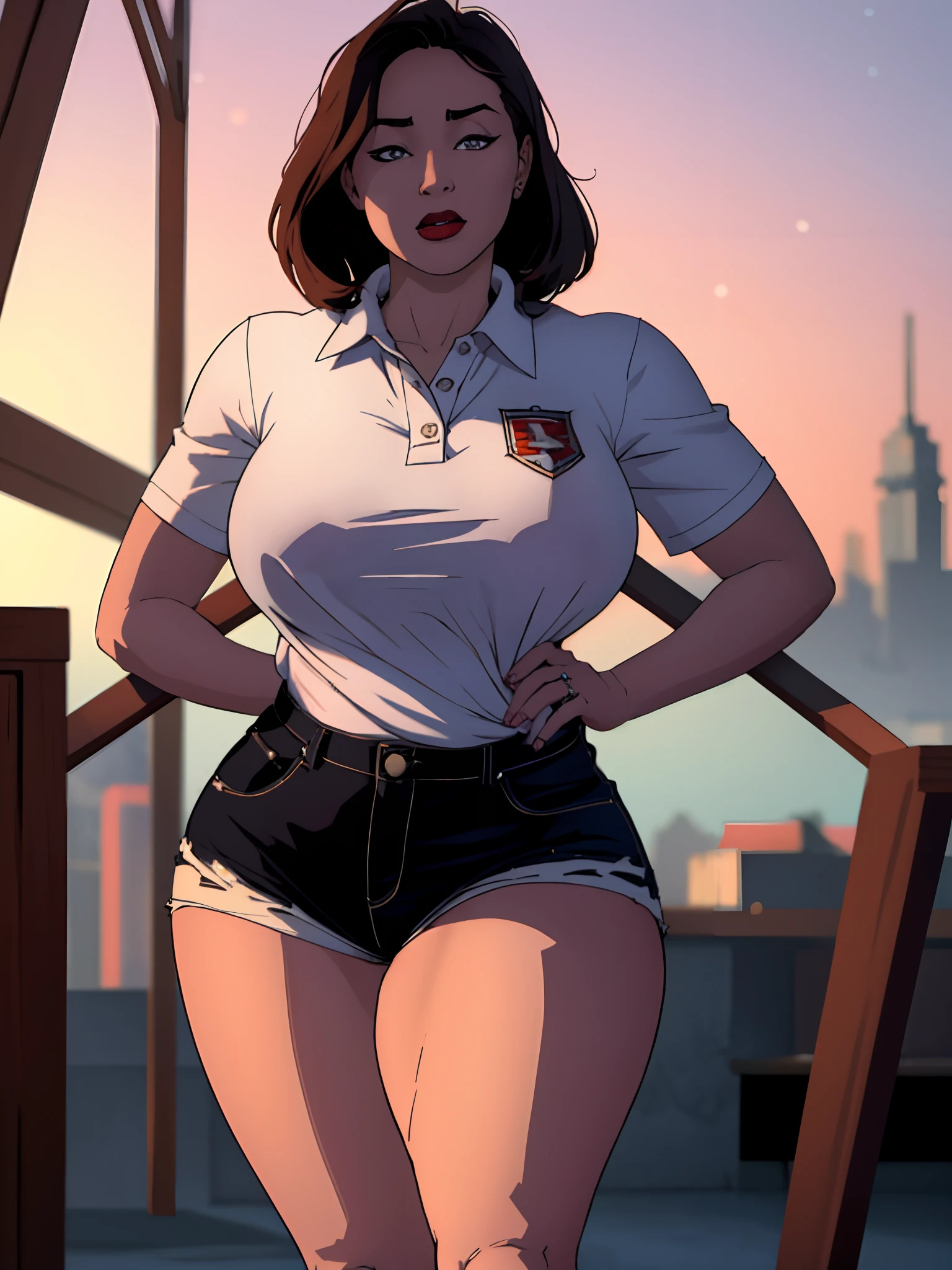 1girl, dark skinned, solo, white polo shirt, black shorts, white sneakers, gala wear, white miniskirt, masterpiece, best quality, realistic, hyper-detailed, (shiny skin), absurd, looking at the viewer, short black hair, brown eyes, slender, dynamic lighting, high resolution, sharp focus, depth of field, detailed eyes, sharp pupils, realistic pupils, (large breasts:1.6), (thick thighs:1.0), outdoor, Starry sky, ((curvy body))