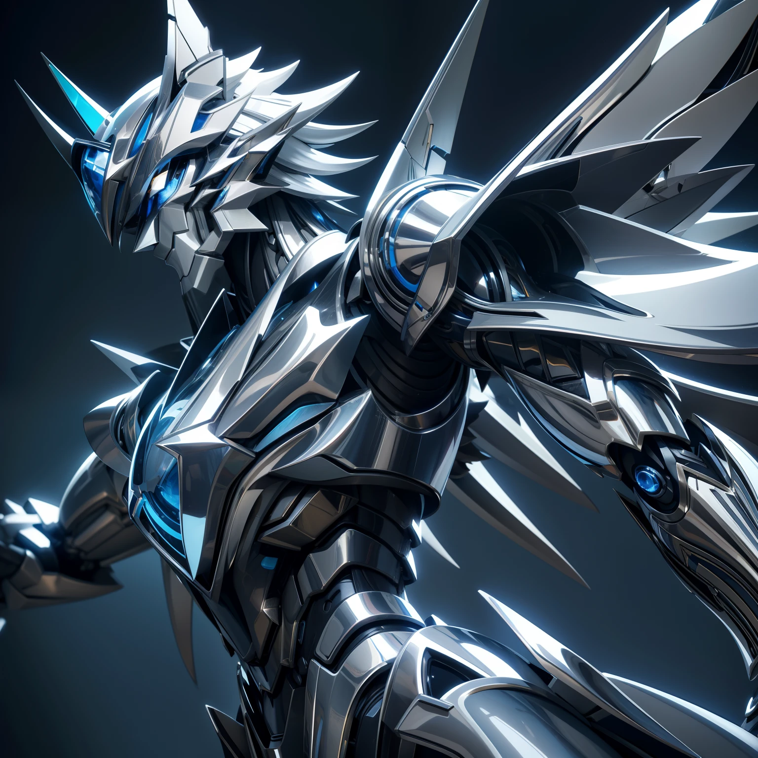 Cinematic light，metallic  luster，robotjoints，Meticulous metal wing，Wolf head，Blue-silver，realisticlying，blur backgroun