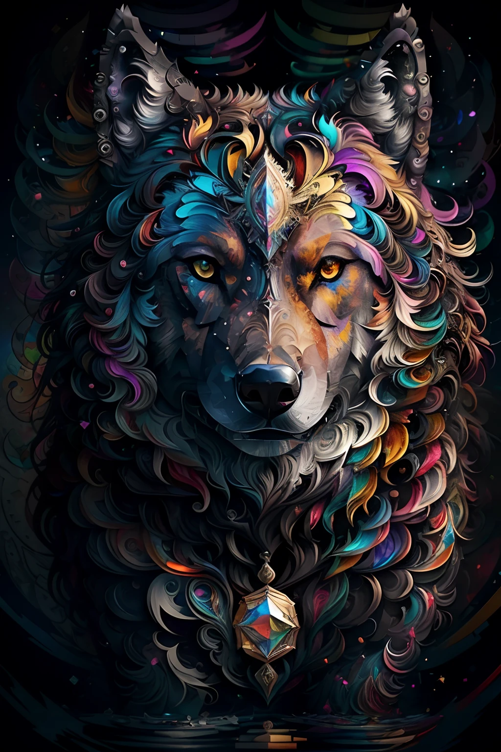 dans le style de 0mib, loup inspirant, serious expression, Fragments prismatiques, Cercles fractaux, Des couleurs fracassantes, reflections, tourbillon, dramatic lighting, High quality, beau, Masterpiece