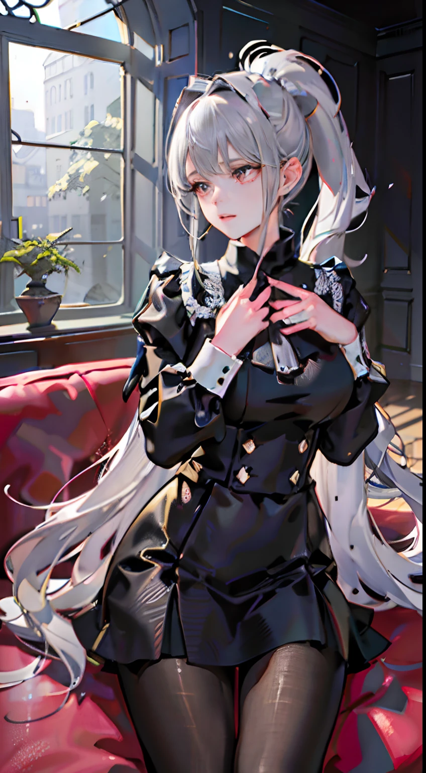 1 girl! Ray tracing, best shadows, high resolution (dim lighting) detailed background (living room) fluffy silver hair, plump and slender girl, high ponytail avoiding golden eyes in the ominous living room (girl wearing white shirt, black wrinkled skirt, with black transparent pantyhose), showing a delicate slim figure and graceful curves, correctly positioned and reasonable limbs! Put your hands behind your head, facial details! Delicate facial features, pay attention to the position details of the legs! Pay attention to hand details! High quality! More eligible! Reduce errors, ultra-detailed CG, more reasonable picture! Delicate finger detailing