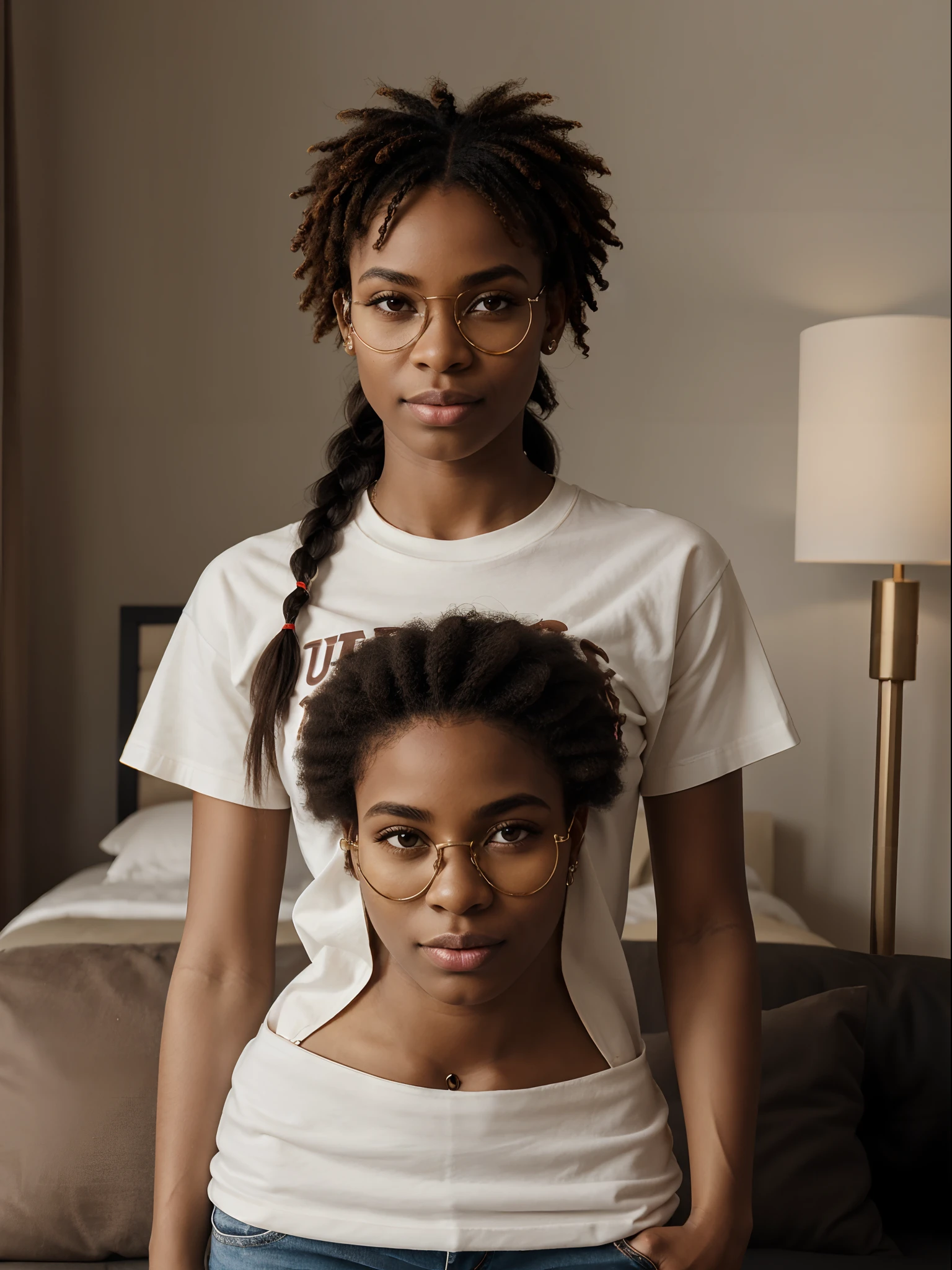 corps entier , beau visage, long, braided hair,Warm light and clear complexion, Afro-American, Detailed, ultra quality, poitrine claire, T-shirt noir XXL mini-jupe moulante debout devant sa maison avec lunettes aux yeux