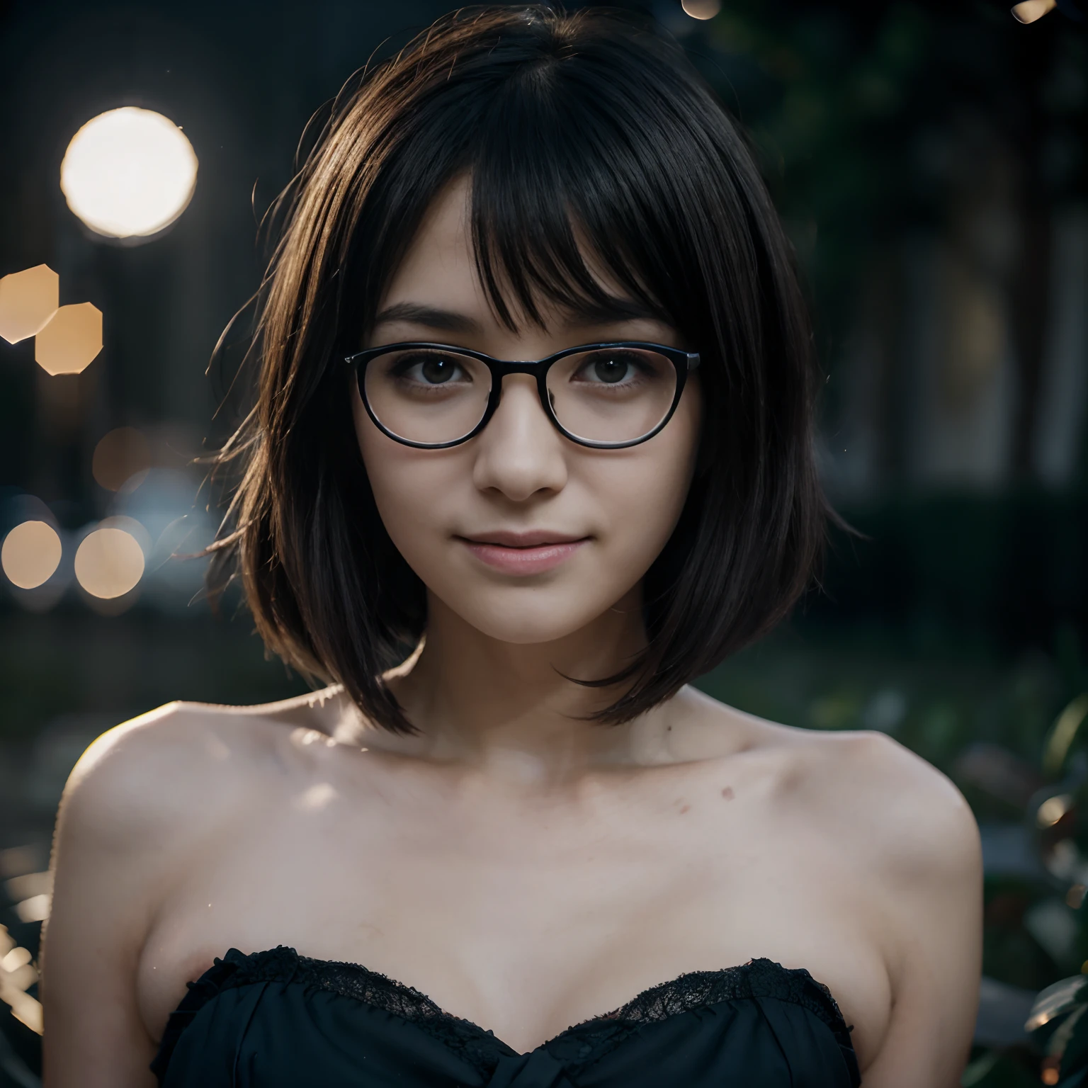 masutepiece, Best Quality, 8K, 8years old, Teen, Raw photo, absurderes, award winning portrait, Smile, Solo, (Night:1.8), Idol face, Delicate girl, Upper body, Digital SLR, Looking at Viewer, Candid, Sophisticated,Thin arms, Professional Lighting, Film grain, chromatic abberation, (Eyes and faces with detailed:1.0), (Bokeh:1.1) , (Idol Cosplay:1.1) , closes mouth , A dark-haired , drooing eyes, bob cut, glasses