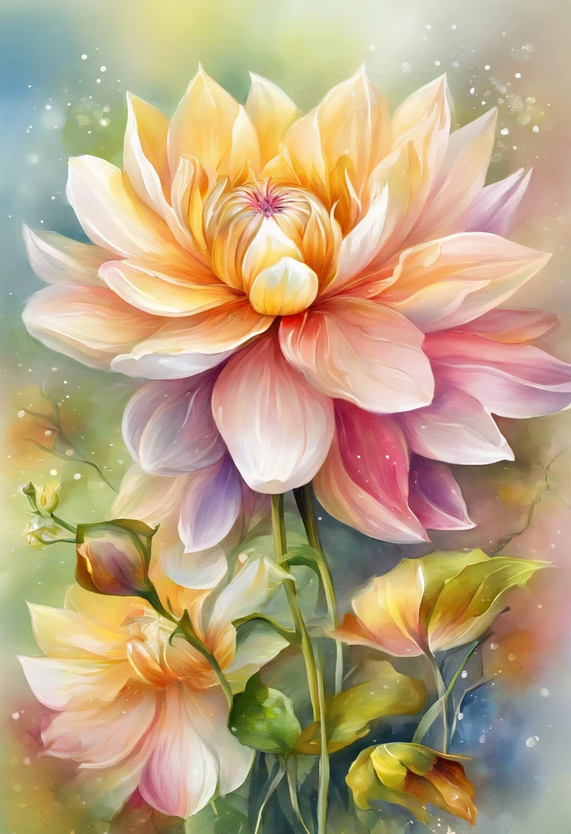Digital art detailed for the best masterpieces, Highest Quality, With sparkling delicate yellow and pink dahlia flowers with elegant leaves,、Flowers on colorful diamond background, Graceful stems, And delicate, And elegant, flowey, Glittering petals, flowercore, surrounded flower, Radiant magic in the expression of flowers, Beautiful animations, Luminous flowers, Beautiful Art U Hard Disk 4K, Detailed painting in 4K, Beautiful flowers and crystals, Luminous flowers, light bloom, full bloom, Flowers that shine with bloom ether effect, a magical colorful flower, floral environment, Beautiful flowers、The lotus flowers、colorful flower、magical flowers, Flower explosion, Beautiful digital painting detailed in emergency digital photography, Detailed painting in 4K, background artwork, Flower explosion, Floral colors, highly-detailed digital painting, Appeared in 4K, Best Quality, hight resolution, 1080p, hard disk, 4K, 8K,