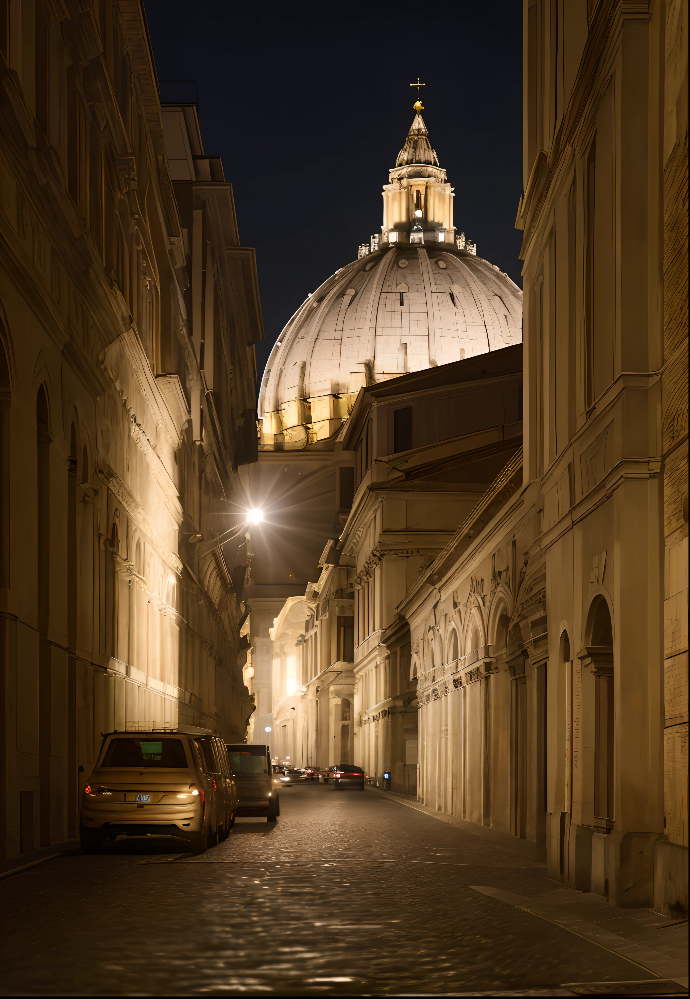 A very detailed photo of Saint Peter's dome in Rome at night, seen from a road not far away, hyperrealistic, Vatican's city