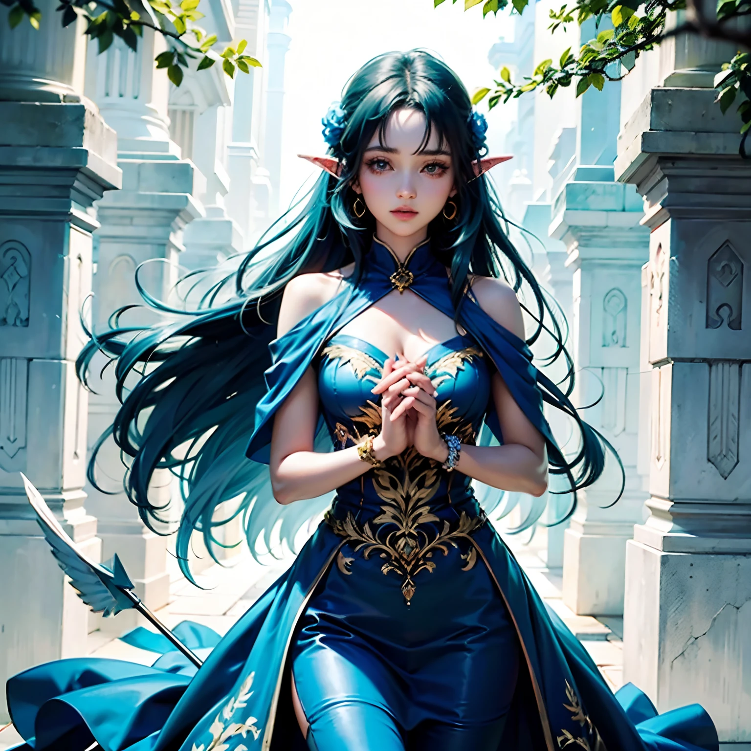 Mulher anime, elfa, vestido azul claro, detalhes dourados no vestido, orelhas de elfo, longo cabelo branco, na floresta, standingn, mulher elfa. Olhos lindos, destaque nos olhos. Brincos dourados. Holding arrow in hands.