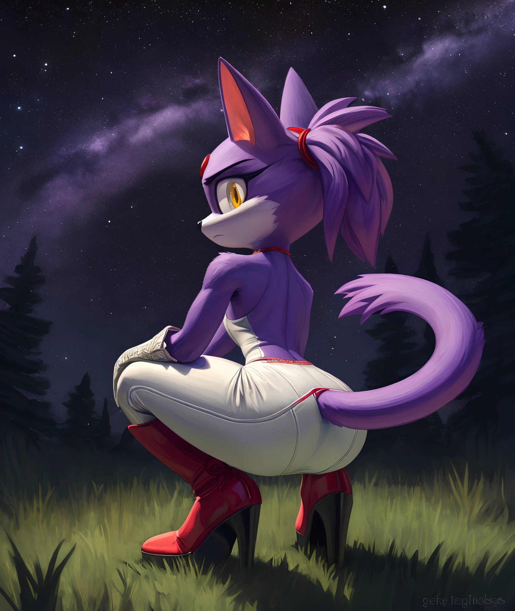 [Blaze the cat], [Uploaded to e621.net; (Pixelsketcher), (wamudraws), (napalm_express)], ((masterpiece)), ((HD)), ((High Quality)), ((furry)), ((solo portrait)), ((back view)), ((full body)), ((detailed fur)), ((detailed shading)), ((cel shading)), ((beautiful render art)), ((intricate details)), {anthro, (slim figure), purple fur, black nose, cat ears, (cute yellow eyes), (red gem on forehead), long tail, (tied-up hair), (gorgeous hips), (beautiful legs), (camel toe), (expressionless), (frown)}, {(purple trench coat), (tight white spandex leggings), (white fluff-lined gloves), (red-pink fluff-lined boots), (heels)}, {(on grass), (squatting), (bend over), (hand on ground), (looking at viewer)}, [background; (forest), (spruce trees), (nighttime), (starry sky), (ambient lighting)]