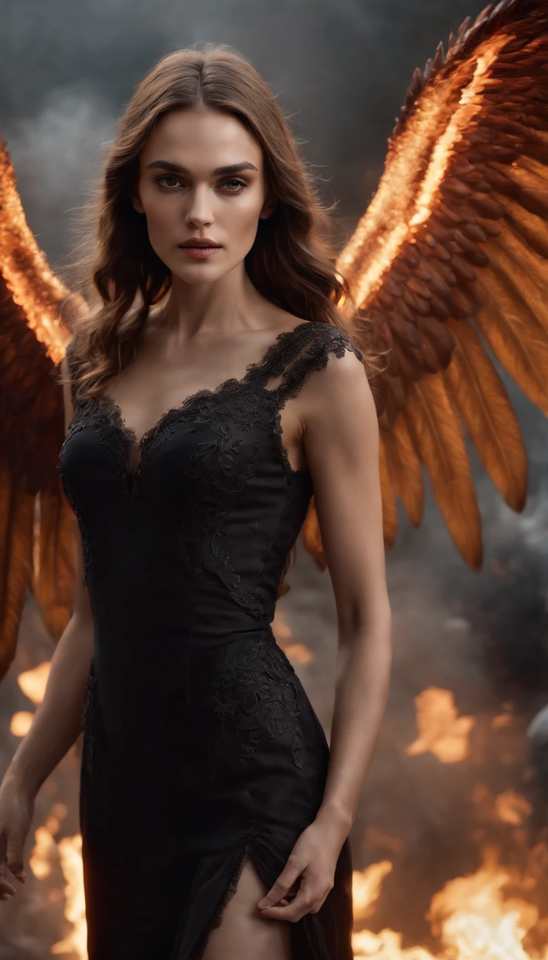 Looks like Keira Knightley, mejor calidad, obra maestra, ultra-high-resolution, (realistic photograph:1.4), surrealismo, Similar to a dream,FusionArt, Female evil fallen angel with huge wings of fire lying on the ground, in an apocalyptic city in flames, staring at the camera, Magia de sombras, Control de la oscuridad, secreto, Paso de sombra, Hechizos fronterizos, Cuchilla oculta. PRIMER PLANO