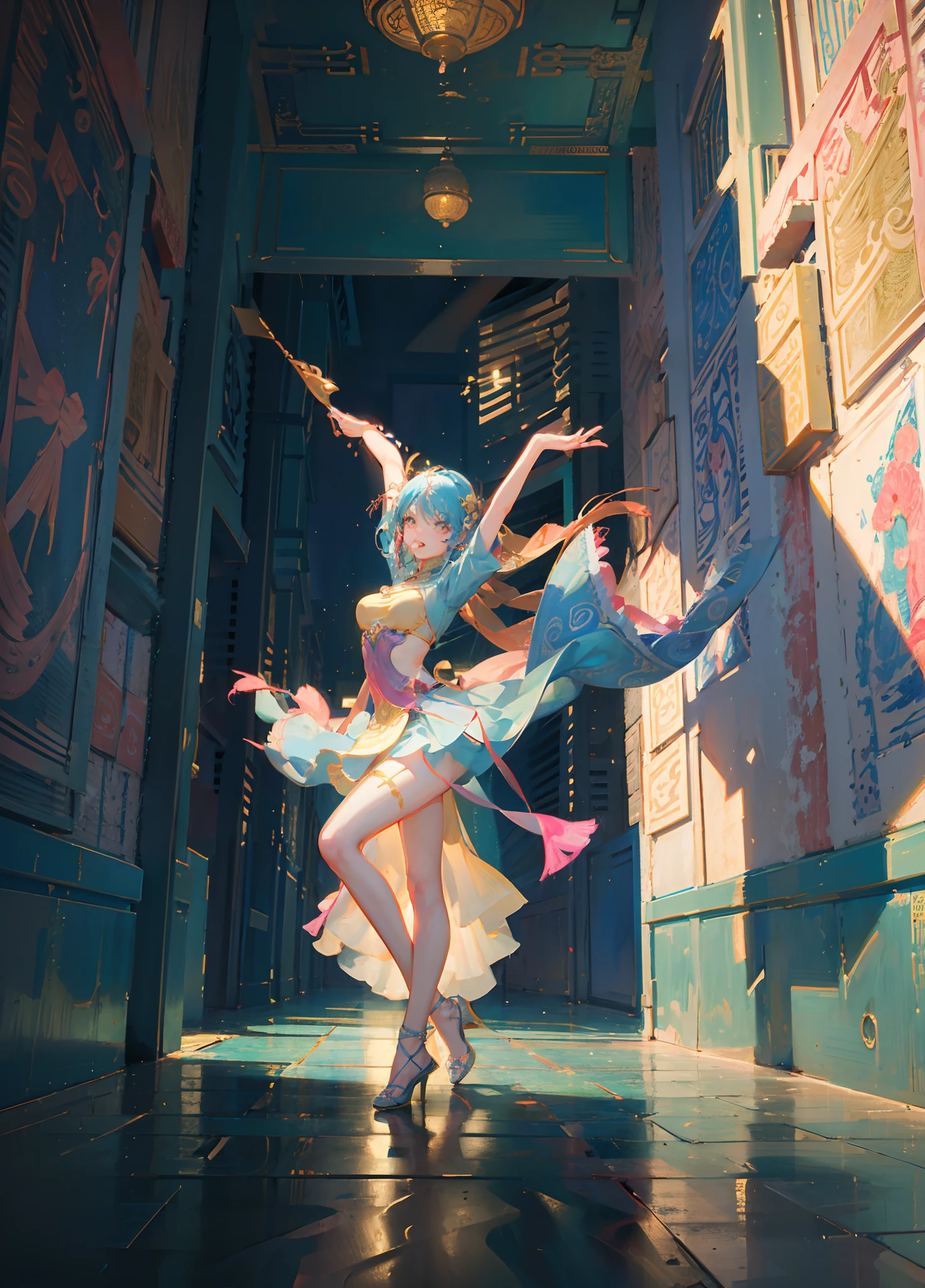 A woman in a dress is dancing in a hallway - SeaArt AI