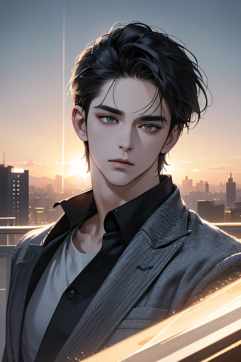 (best quality digital art digital illustration 4k high resolution beautiful image hyper-detailed image perfect lines soft lighting night environment smooth zoom perfect face) (1:1 photorealistic) (neutral colors hdr 1.4) (anime style) an adult 25 year old man (expressionless perfect detailed face) medium black hair modern clothes dystopia