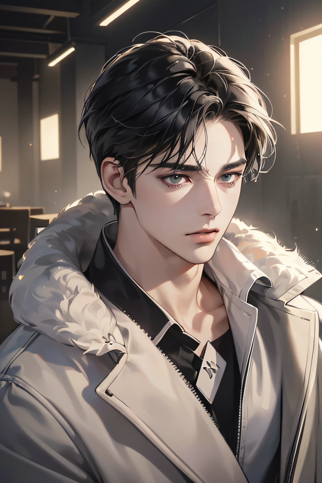 (best quality digital art digital illustration 4k high resolution beautiful image hyper-detailed image perfect lines soft lighting night environment smooth zoom perfect face) (1:1 photorealistic) (neutral colors hdr 1.4) (anime style) an adult 25 year old man (expressionless perfect detailed face) medium black hair modern clothes dystopia