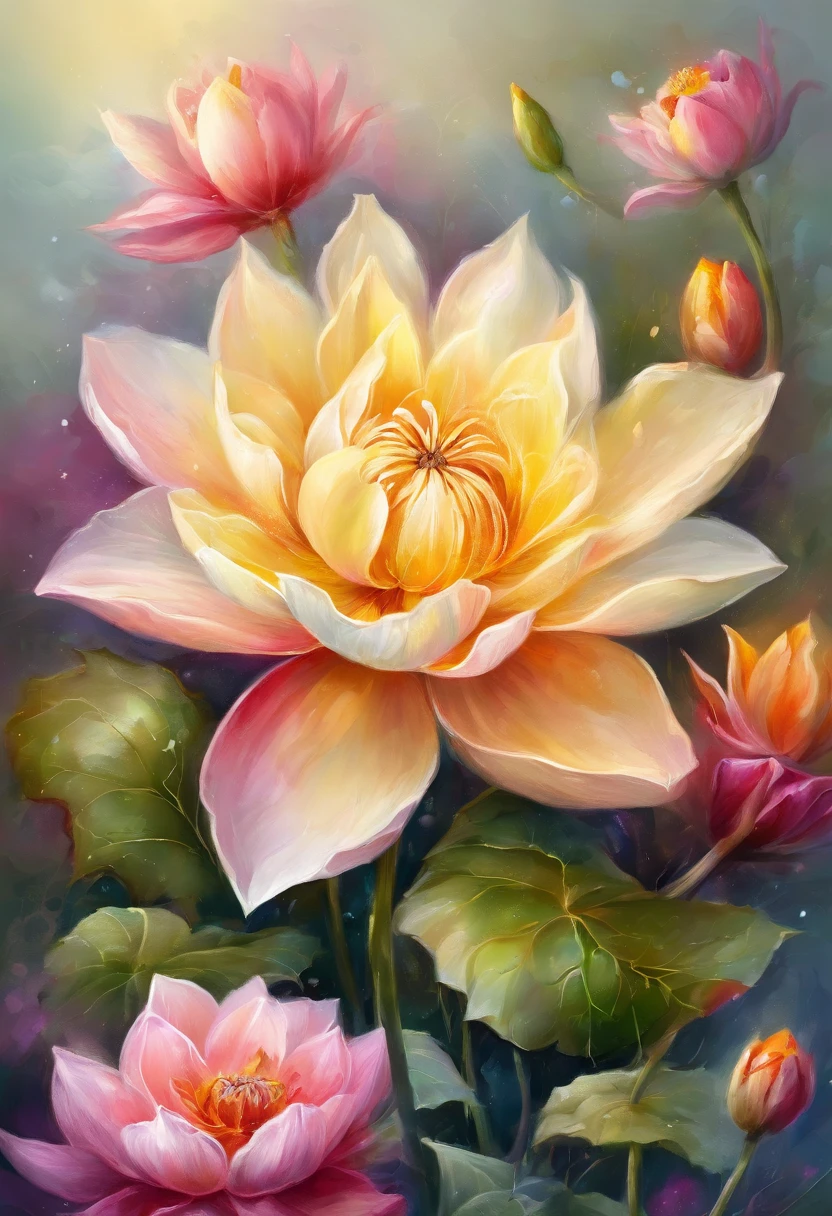 Digital art detailed for the best masterpieces, Highest Quality, With sparkling delicate yellow and pink dahlia flowers with elegant leaves,、Flowers on colorful diamond background, Graceful stems, And delicate, And elegant, flowey, Glittering petals, flowercore, surrounded flower, Radiant magic in the expression of flowers, Beautiful animations, Luminous flowers, Beautiful Art U Hard Disk 4K, Detailed painting in 4K, Beautiful flowers and crystals, Luminous flowers, light bloom, full bloom, Flowers that shine with bloom ether effect, a magical colorful flower, floral environment, Beautiful flowers、The lotus flowers、colorful flower、magical flowers, Flower explosion, Beautiful digital painting detailed in emergency digital photography, Detailed painting in 4K, background artwork, Flower explosion, Floral colors, highly-detailed digital painting, Appeared in 4K, Best Quality, hight resolution, 1080p, hard disk, 4K, 8K,