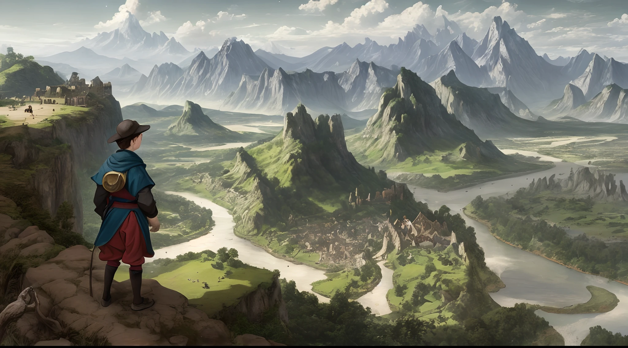 A view of a huge mountain range so long and long that there is no end in sight due to distortion
A bustling and vivid trading city surrounded by triple moats on the plains like medieval Germany
A boy in the back standing on a cliff overlooking it