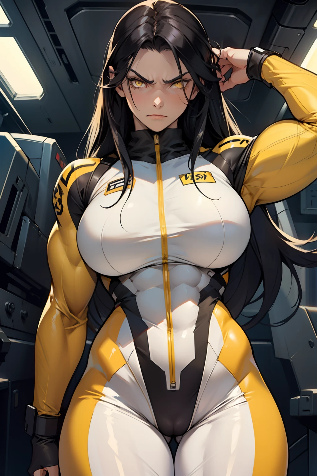 (((1 girl muscular toned body))) pale skin black hair very long hair angry yellow eyes (thick thighs huge breasts) bodysuit pilot suit cowboy shot
