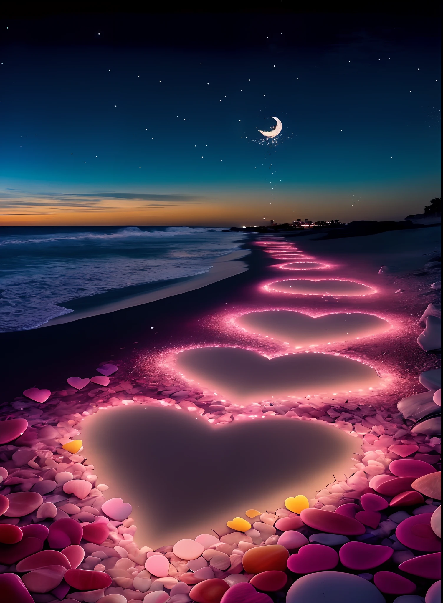 Photos taken from the beach,There are multiple heart-shaped trails made of glowing rocks on it, ❤🔥🍄🌪, The night sky is deep blue,There is a super-large moon,beautiful iphone wallpaper, dreamy and romantic, very beautiful photograph of, Beautiful wallpaper, Magical beach, stream of love and happiness, hd phone wallpaper, Many hearts, very magical and dreamy, Wallpaper phone, dreamy night, Wallpaper phone, phone wallpaper hd, with beautiful colors