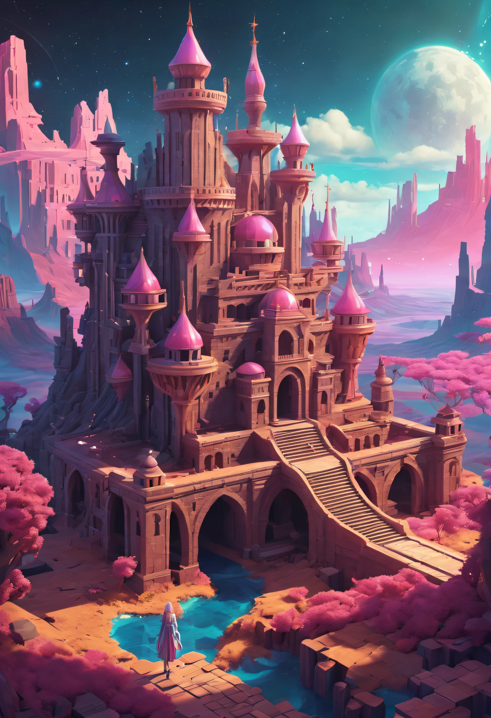 The White Raven Princess searches for the lost Ancient Raven AI in a mysterious space,Mystic Space is a futuristic castle in medieval style,There are a lot of stairs and mechanisms inside,Intricate staircase,Sparkling treasure,A castle built with blocks,Pink space,Dreamy colors,absurderes,It's ridiculous,ultra-realistic realism,tmasterpiece,high qulity,UHD resolution,16k,realisticlying,Very realistic,Epic fairy tale fantasy,Epic futuristic fantasy,Epic surrealism,Monument Valley style, isometric game art, detailed game art illustration, Isometric art, isometric 2 d game art, Neon ancient ruins, incredible isometric screenshot, Art Station Geometry, Detailed game art, isometric voxel art, beeple daily art, 4K detailed digital art