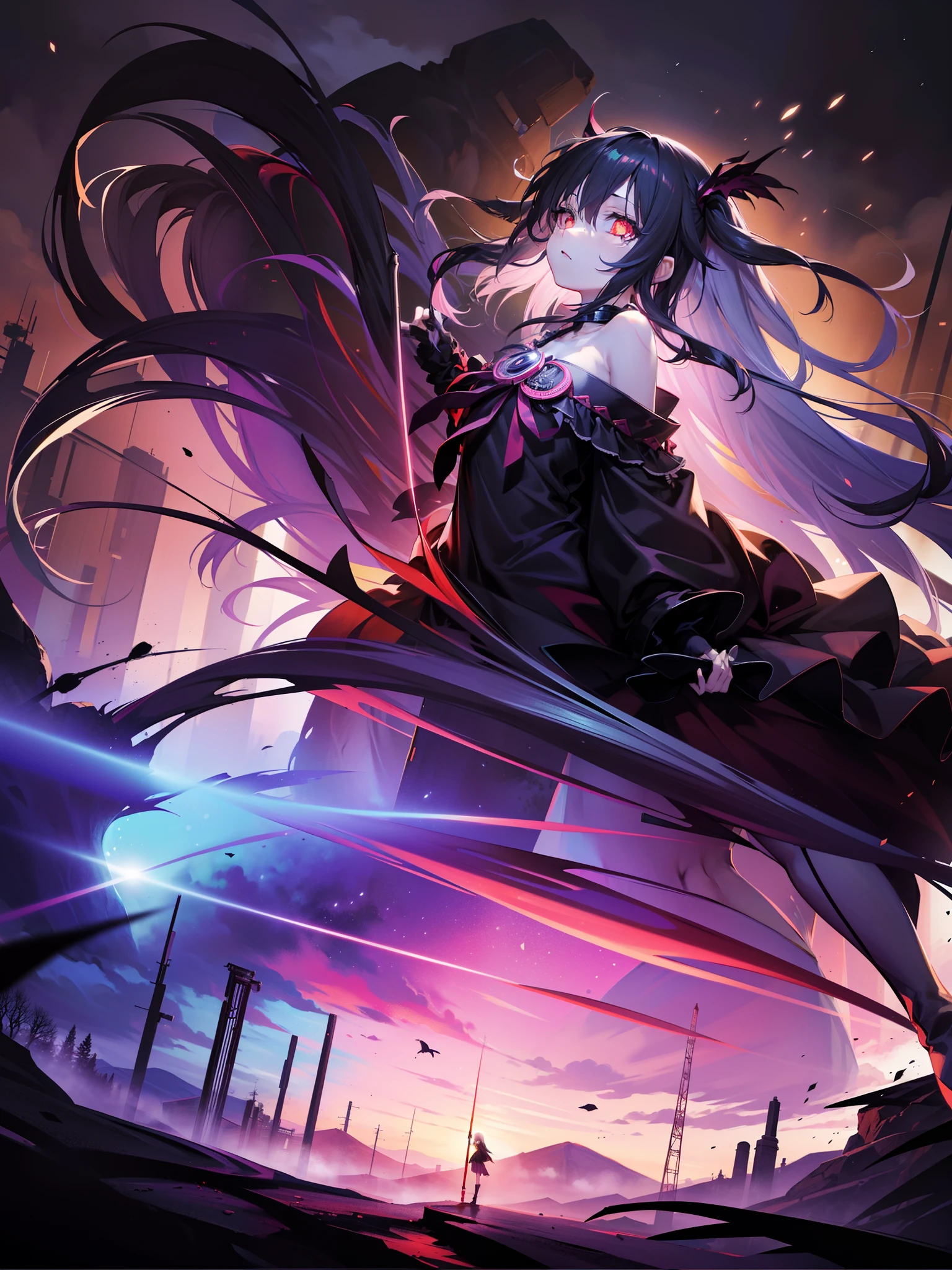 1 loli girl, character focus,cinematic angle,cowboy shot, holding magical rod, crows ,bloody body ,(Faintly emerge from the darkness) ,(((Expressionless))) , ((rape eyes)) ,black hair, long hair, ribbon , black dress, red eyes, (glowing eyes:1.1) , Weird World , Strange world ,darkness, horror, fantasy, Cruel , high resolution,(incredibly absurdres), (hires.fix:1.3),anime visual,ultra detailed CG unity 8k wallpaper, ((masterpiece)), ((top-quality)), (beautiful illustration), ((an extremely delicate and beautiful))