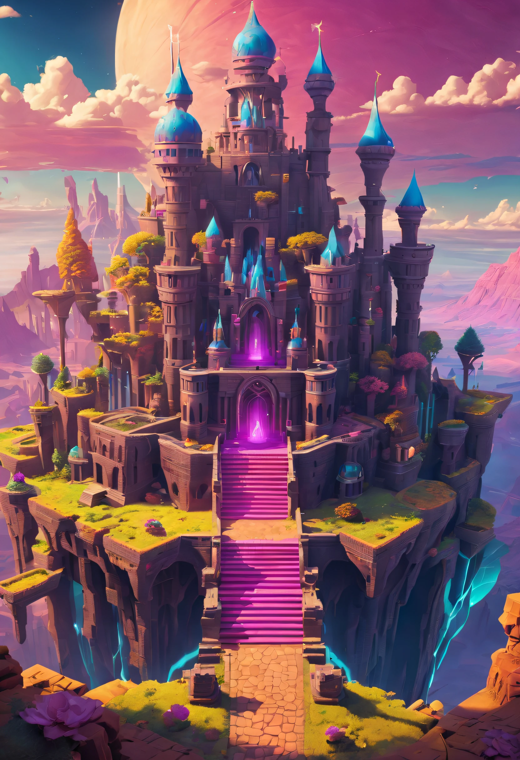 The White Raven Princess searches for the lost Ancient Raven AI in a mysterious space,Mystic Space is a futuristic castle in medieval style,There are a lot of stairs and mechanisms inside,Intricate staircase,Sparkling treasure,A castle built with blocks,Pink space,Dreamy colors,absurderes,It's ridiculous,ultra-realistic realism,tmasterpiece,high qulity,UHD resolution,16k,realisticlying,Very realistic,Epic fairy tale fantasy,Epic futuristic fantasy,Epic surrealism,Monument Valley style, isometric game art, detailed game art illustration, Isometric art, isometric 2 d game art, Neon ancient ruins, incredible isometric screenshot, Art Station Geometry, Detailed game art, isometric voxel art, beeple daily art, 4K detailed digital art
