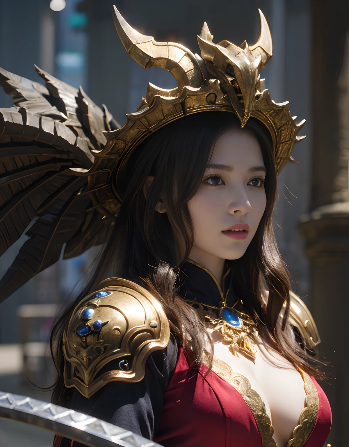 Beautiful Korean woman close-up, Her chest size is 34 inches, wear, wear as Monster Hunter costume, In the desert, Sandstorm, Ultra-high resolution