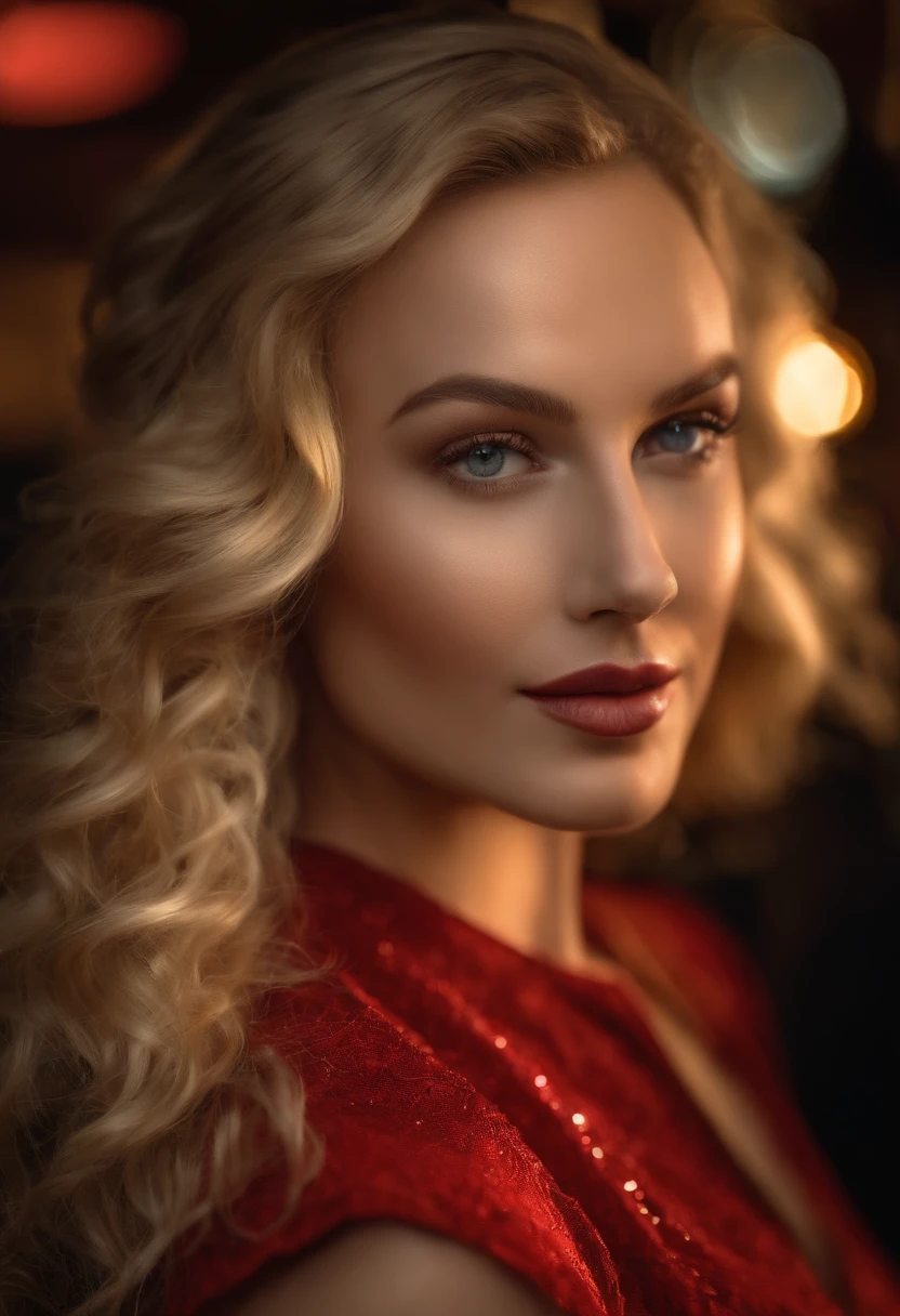 (Best quality,Realistic),Full body photo,white woman, Wear a tight gold suit, Stunning golden eyes, Silky straight blonde hair, Wide breasts, Oversized buttocks, Redlip, in the dark of night,Stand in a dimly lit dark alley, Sparse lighting.
