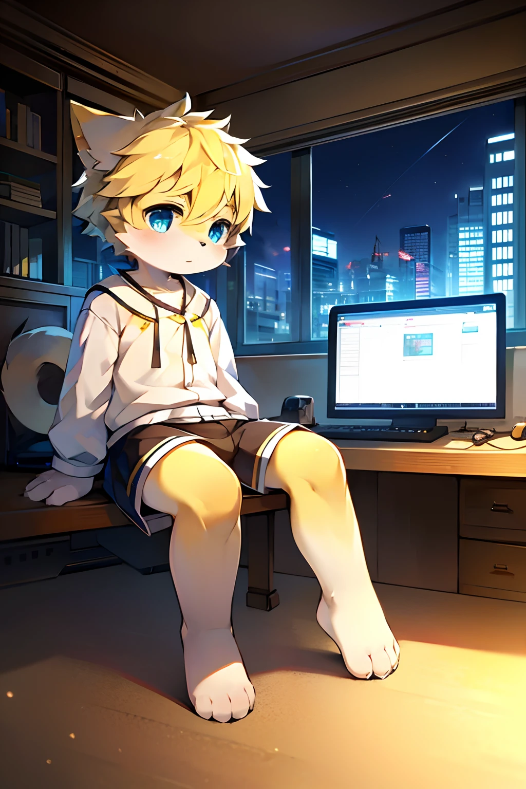 Blue pupils, Light yellow fluffy body, Light yellow furry tail, Boy cat,Exquisite wallpapers,Very cute,The popular style of the P station,One role solo,Light yellow cute fluffy little long legs,Shotai style,Blushlush,intricate detailed clothes,sitting at a computer desk,A city with skyscrapers as a backdrop