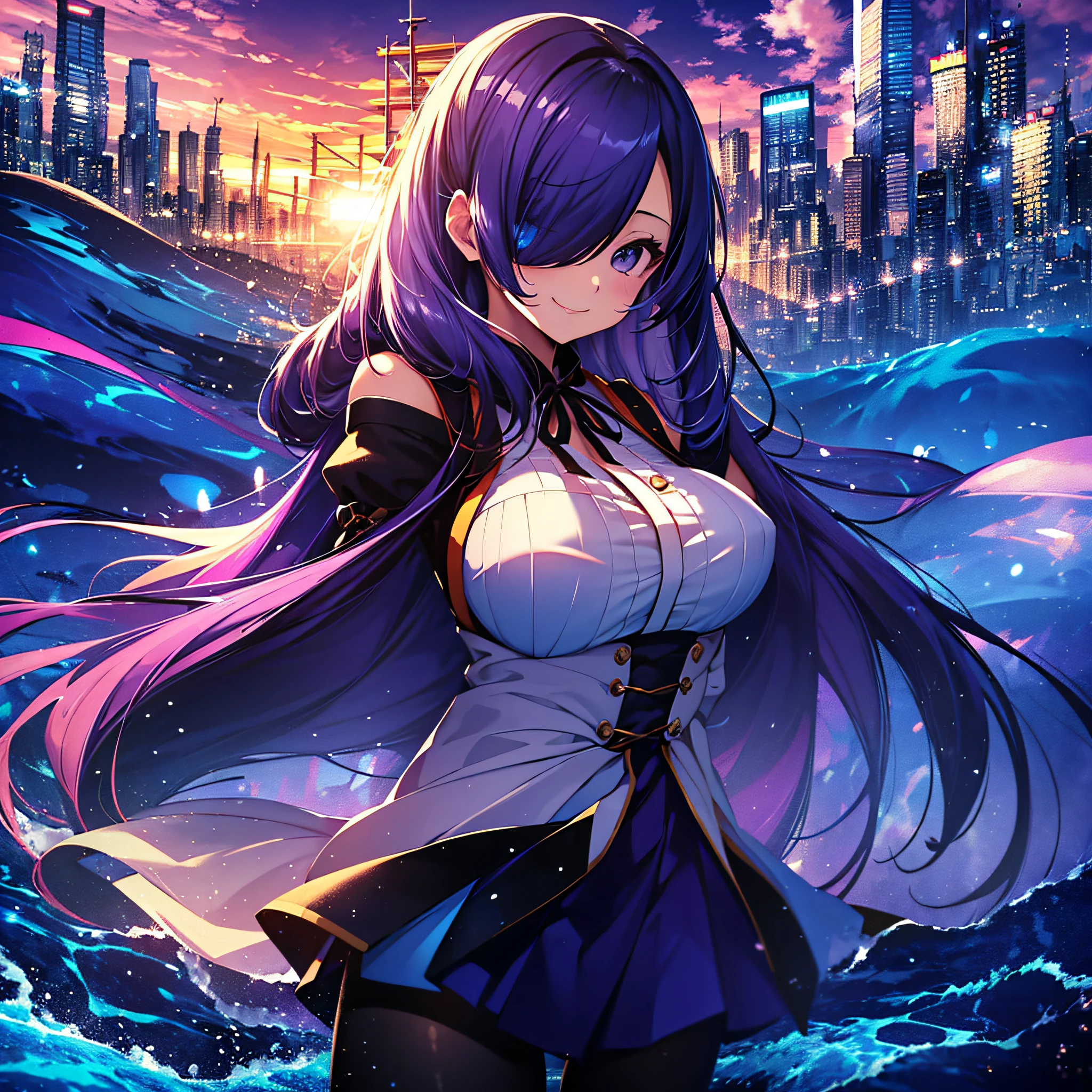 (masutepiece:1.3), (Best Quality:1.3), High resolution, Couboy Shot, I'm on the street with my arms outstretched and a big smile on my face.、Retro cityscape、Spread your arms、Hair color is purple、Long hair、Blue Mesh、Squat position、Vivid sea、Iridescent Sea、huge smile、Spectacular background、The sun's rays illuminate her so beautifully, (One Cute Girl:1.3), 、Long hair, Hair over one eye, Large breasts, Neck ribbon, Swim in the sea、Spectacular sunlight seen from the deep sea、Dress, Detached sleeves, White Apron, Waist apron, White pantyhose