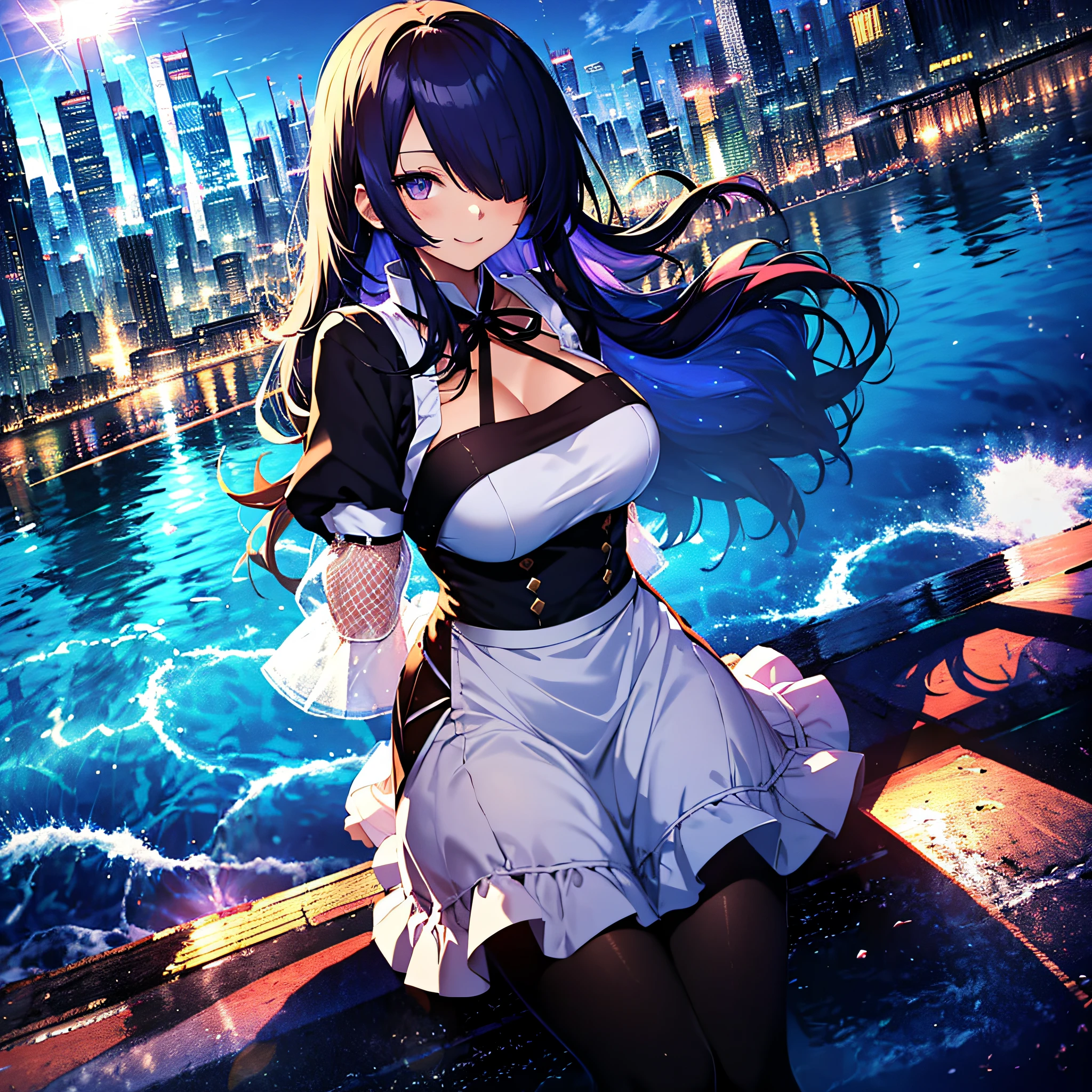 (masutepiece:1.3), (Best Quality:1.3), High resolution, Couboy Shot, I'm on the street with my arms outstretched and a big smile on my face.、Retro cityscape、Spread your arms、Hair color is purple、Long hair、Blue Mesh、Squat position、Vivid sea、Iridescent Sea、huge smile、Spectacular background、The sun's rays illuminate her so beautifully, (One Cute Girl:1.3), 、Long hair, Hair over one eye, Large breasts, Neck ribbon, Swim in the sea、Spectacular sunlight seen from the deep sea、Dress, Detached sleeves, White Apron, Waist apron, White pantyhose