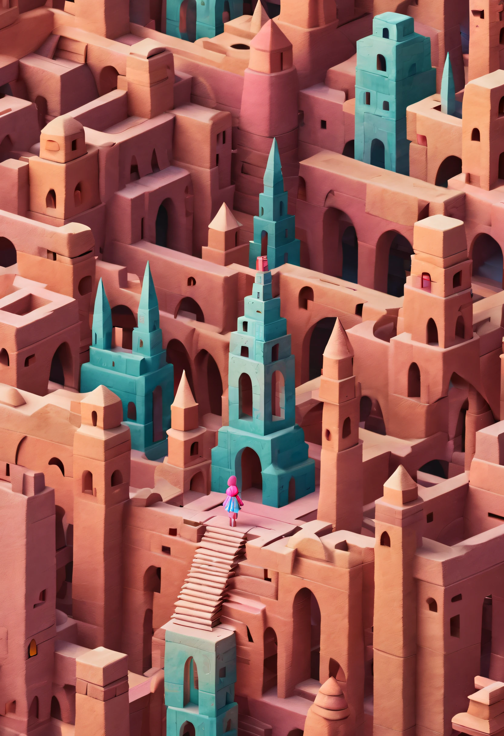 1Blittle girl，In Monument Valley，Labyrinth of magical castles，Little girl looking for lost treasure，Geometric space，Unordered regular three-dimensional pattern，Ancient totem poles，Tall monument，Intricate staircase,Pink space