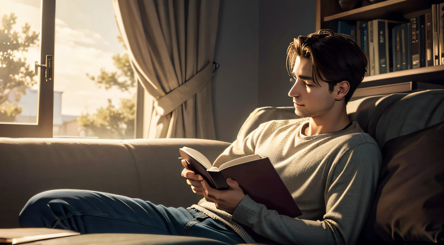A YOUNG MAN, SERENE AND HAPPY, READING A BOOK, SITTING ON THE SOFA AT HIS HOME, ((masterpiece)), ((best quality))), ((ultra-detailed)), UHD, 8K, ((high resolution) )), ((illustration)), ((realistic)),