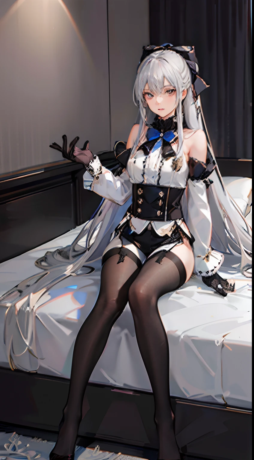 (((1 girl)),ray tracing,(dim lighting),[detailed background (bedroom)),((silver hair)),((silver hair)),(Fluffy silver hair, plump slender girl)) with high ponytail)))) Avoid blonde eyes in the ominous bedroom ((((Girl wears intricately embroidered black high-waisted pants with pantyhose) and white ruffled bow gloves), showing a delicate slim figure and graceful curves, correct limbs, sitting on the bed