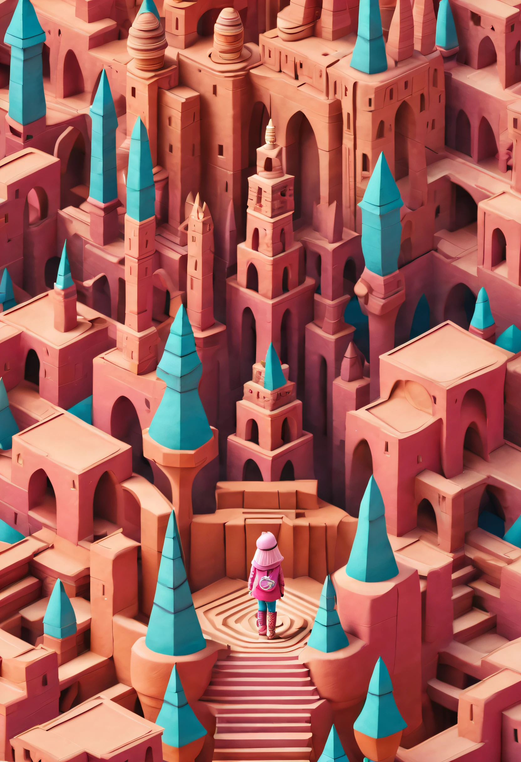 1B***********，In Monument Valley，Labyrinth of magical castles，*********** looking for lost treasure，Geometric space，Unordered regular three-dimensional pattern，Ancient totem poles，Tall monument，Intricate staircase,Pink space