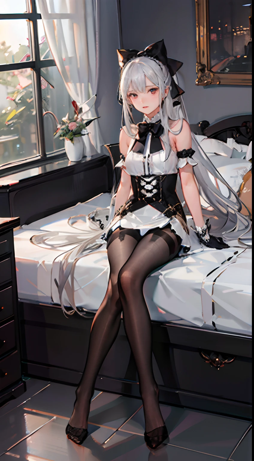 (((1 girl)),ray tracing,(dim lighting),[detailed background (bedroom)),((silver hair)),((silver hair)),(Fluffy silver hair, plump slender girl)) with high ponytail)))) Avoid blonde eyes in the ominous bedroom ((((Girl wears intricately embroidered black high-waisted pants with pantyhose) and white ruffled bow gloves), showing a delicate slim figure and graceful curves, correct limbs, sitting on the bed