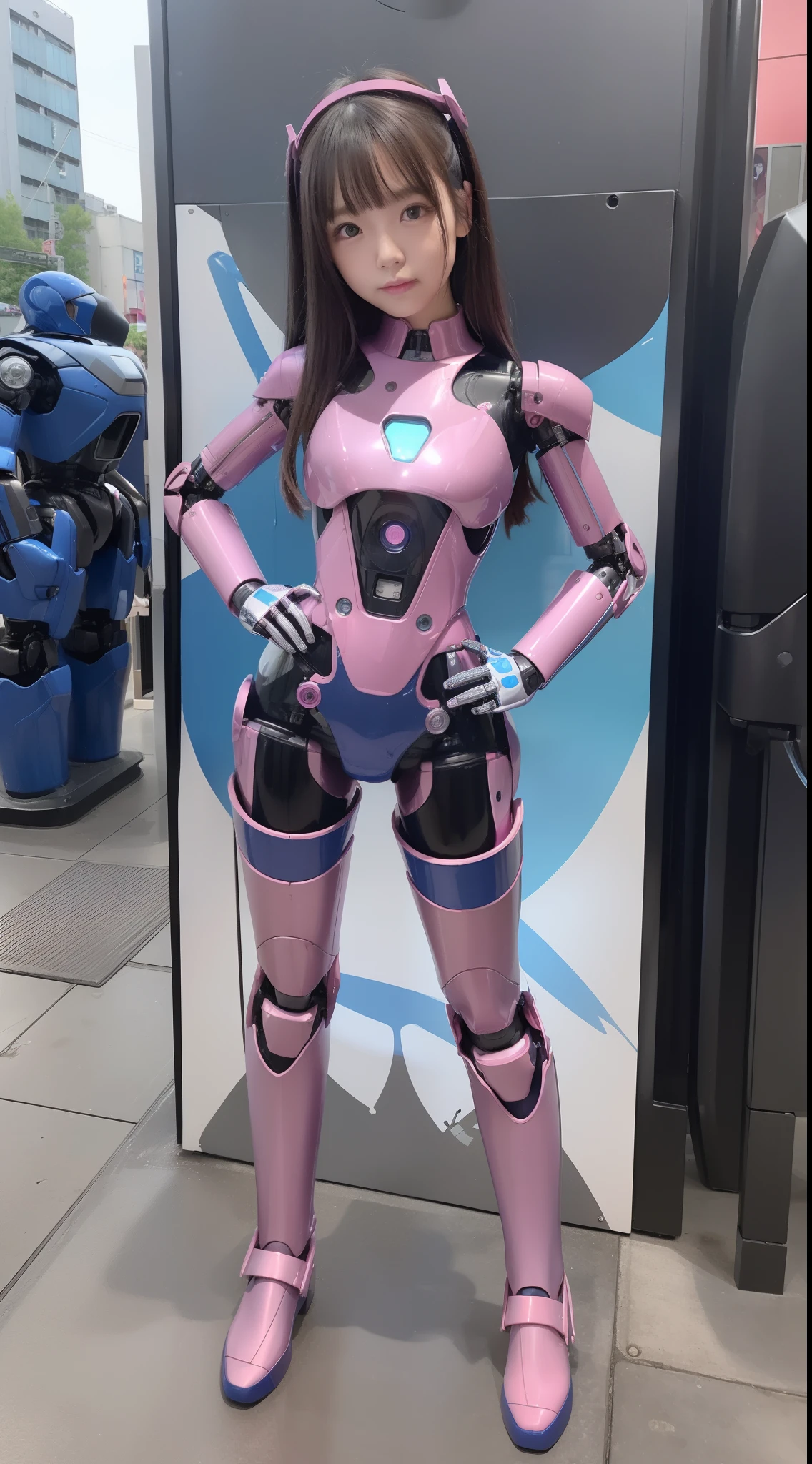 (Photorealsitic:1.4)、One girl、(top-quality)、(hyperdetailed face)、(Super well-formed face)、((Robot Parts))、(Robot Girl)、(Blue)、(pink there)、(Burgundy)、(metalic)、(Full body)、(sexy  pose)、(Slender body)、(Model body type)、(full body mech)、(akihabara)、(is looking at the camera)、(A dark-haired)、(Well-proportioned girl)、(a small face)、(Idol)、(front facing)、(Standing with legs open)、(Hands on hips)、(Photo session)、(Looks sad)、(Perfect Robot Girl)、(Perfect machine body)