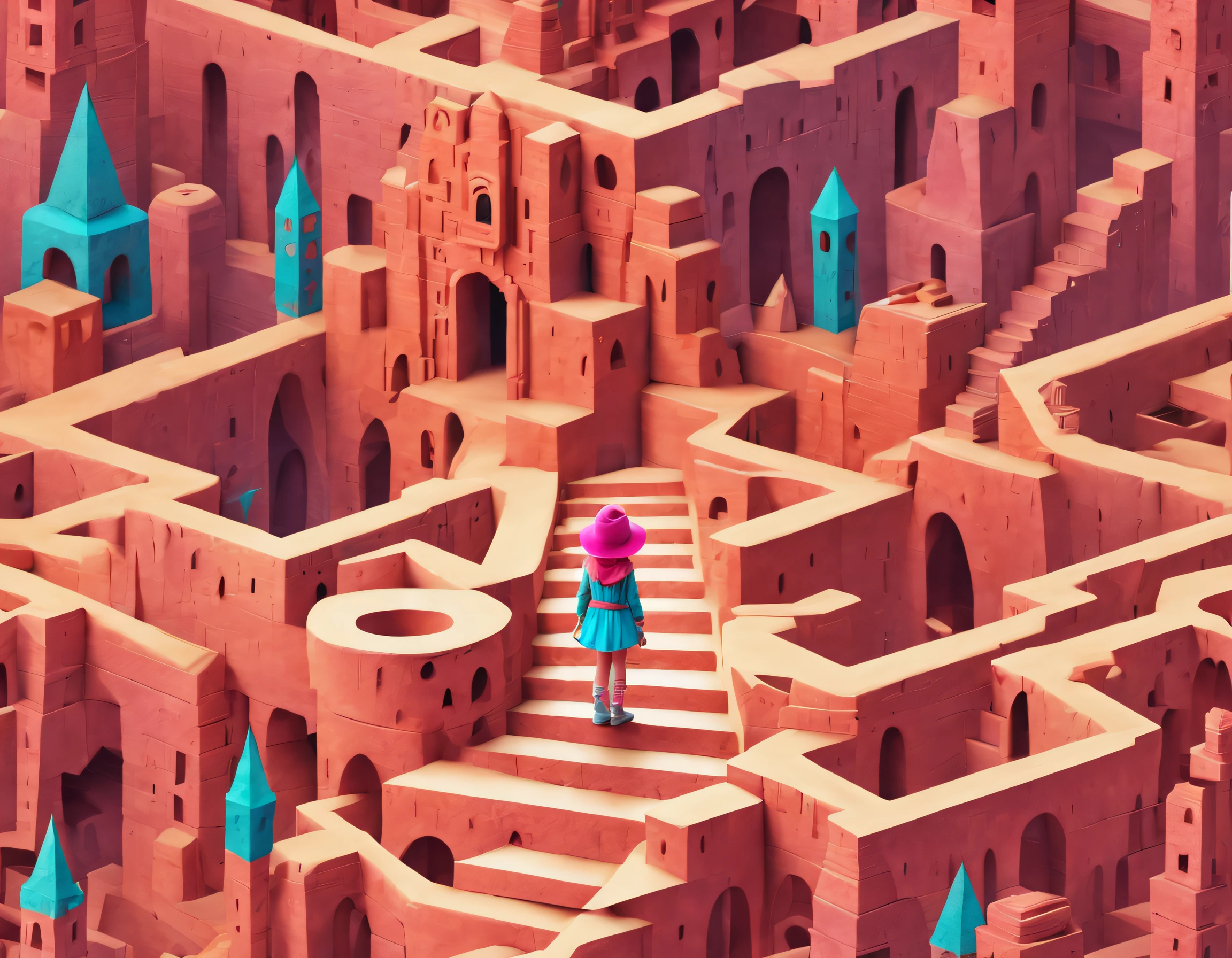 1B***********，In Monument Valley，Labyrinth of magical castles，*********** looking for lost treasure，Geometric space，Unordered regular three-dimensional pattern，Ancient totem poles，Tall monument，Intricate staircase,Pink space