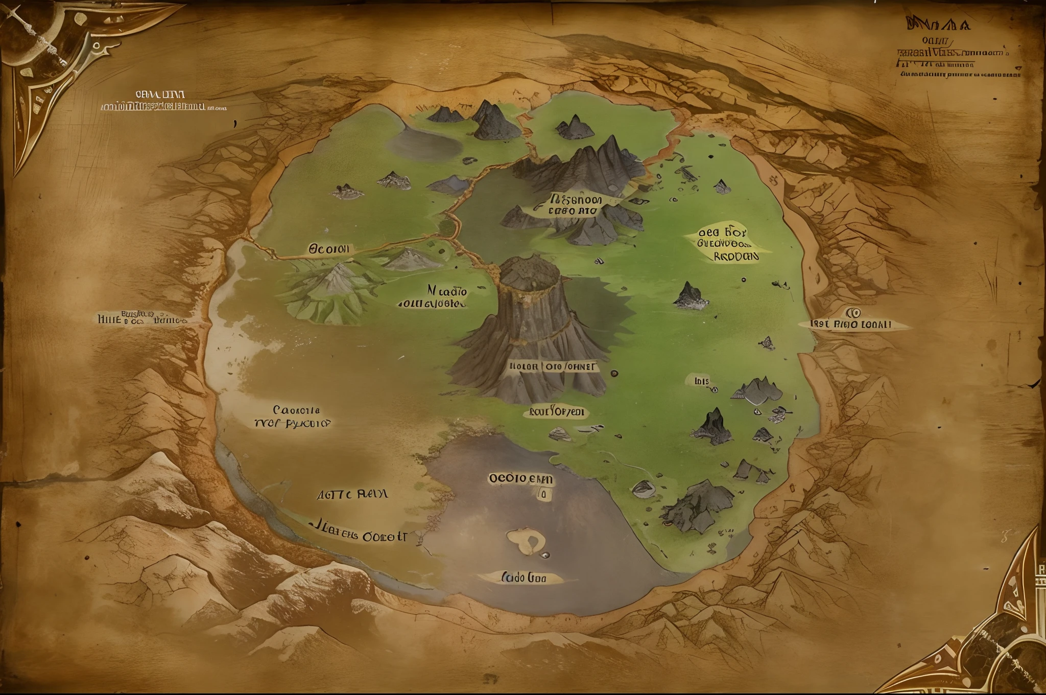 medieval map of a massive crater, old dormant volcano with a jungle and mountains, old worn yellowish paper, final fantasy map, game map