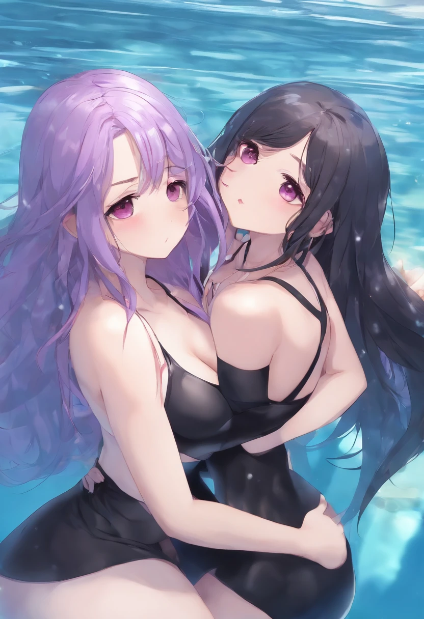 big breast Covered cum and ahegao face With a white tight bra , girl with long purple hair and black skirt in the Pool , Saliva on the lip , showing her breast , swim with her sister
