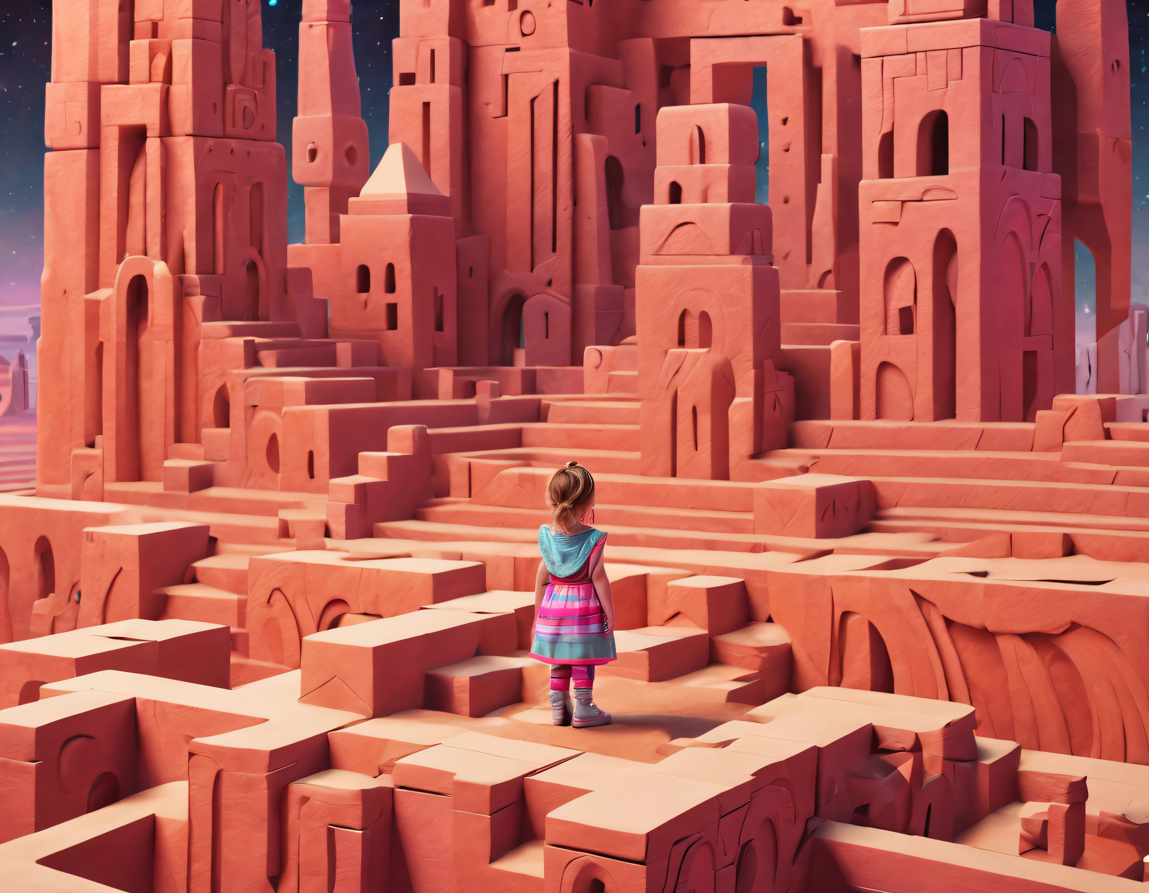 1Blittle girl,In Monument Valley,Labyrinth of magical castles, girl looking for lost treasure,Geometric space,Unordered regular three-dimensional pattern,Ancient totem poles,Tall monument,Intricate staircase,Pink space