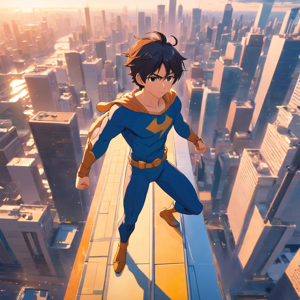 Um super hero, masculino, On top of a skyscraper, cena de filme 8k, ::n_ desenho, Imperfection, baixa qualidade, boneco, Jogo, anime, Texto, assinatura