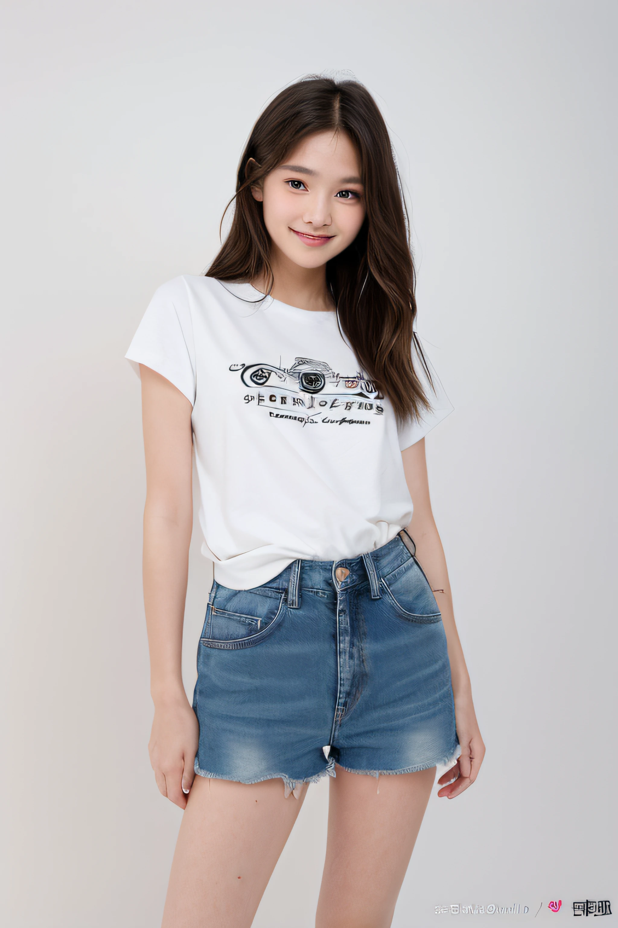 (8k、RAW Photos、top-quality、masterpiece:1.2)、(realisitic、Photorealsitic:1.37)、ultra-detailliert、超A high resolution、女の子 1 人、beautifull detailed face、a smile、tusk、(feathercut: 0.6)、(())、portlate、dressed in a white t-shirt、Short jeans、japanes、From face to foot、barefoot、White background、profetional lighting、Looking at the front、((Stand straight))、no-makeup