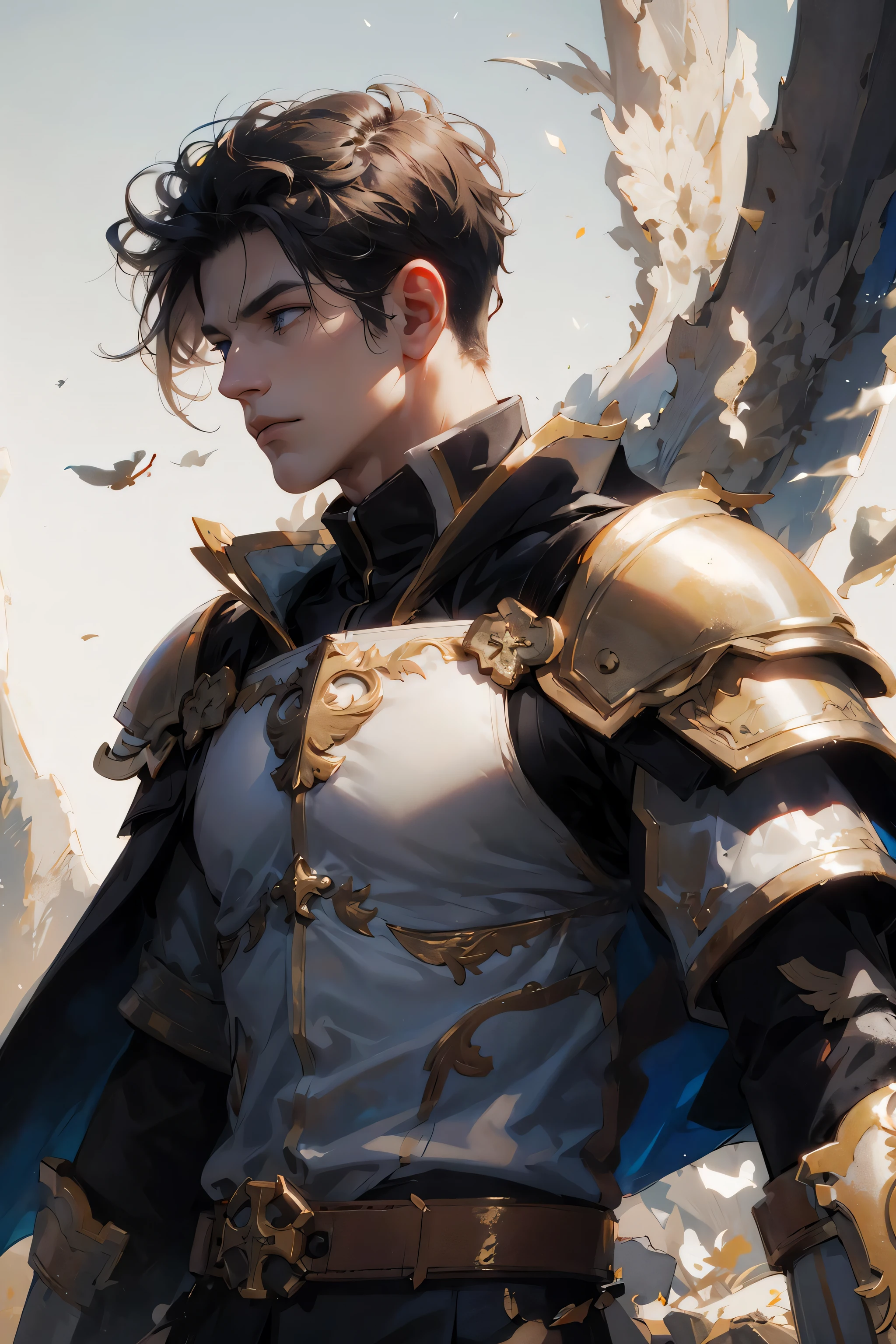 (absurdres, highres, ultra detailed), 1 male, mature, aged up, handsome, tall muscular guy, broad shoulders, very short hair, undercut, grey-blue eyes, finely detailed eyes and detailed face, extremely detailed CG unity 8k wallpaper, intricate details, portrait, looking down, solo, upper body, detailed background, (dark fantasy theme:1.1), angelic face, bloodthirsty expression, crusader, hovering in air, sunshine, floating scraps, fighting stance, color leather armor, divine blessing, bright realistic lighting, heavenly landscape, peaceful atmosphere, crown, coat of arms, tabard, hair blowing in wind,, cowboy shot