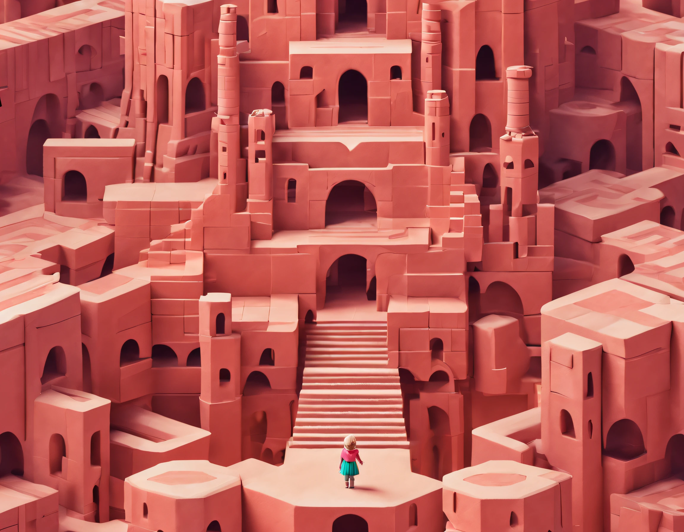 1Blittle girl，In Monument Valley，Labyrinth of magical castles，Little girl looking for lost treasure，Geometric space，Unordered regular three-dimensional pattern，Ancient totem poles，Tall monument，Intricate staircase,Pink space