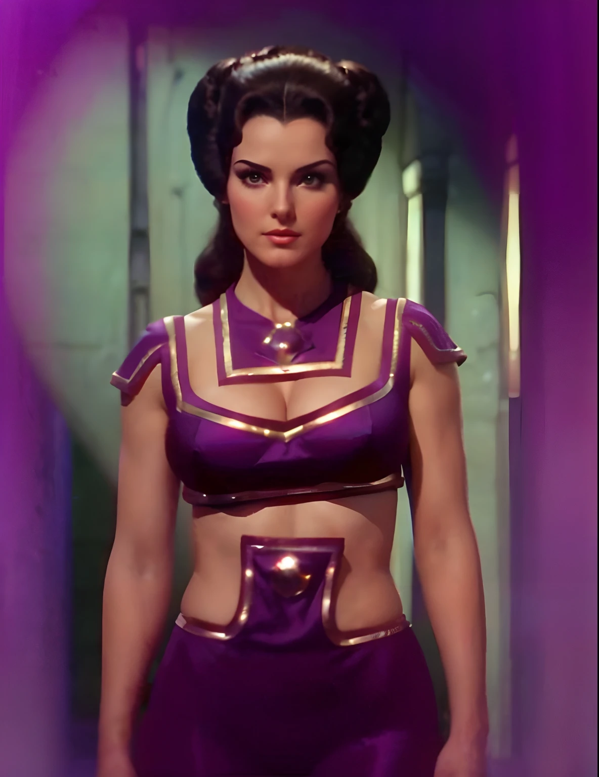 (Young Lee Meriwether), (young seductive sultry Lee Meriwether), as Star Trek Losira, as Star Trek Original Series Losira, pale skin, dark hair, lithe bodacious curvaceous body, (elaborately coiffed ancient egyptian-style hair with large side rolls, wearing purple genie bikini outfit), camel toe, underboobs, in star trek the original series, (4K, 8K, extremely-high resolution), cinematic, hyper-detailed, hyper-sharp, hyper-realistic, symmetrical, "100% anatomically correct", octane render